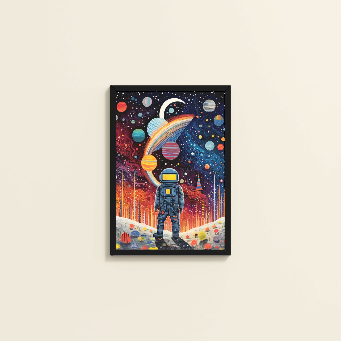 Wall View of Astronaut Escape – Space Adventure Wall Painting Frame in Black Color Frame