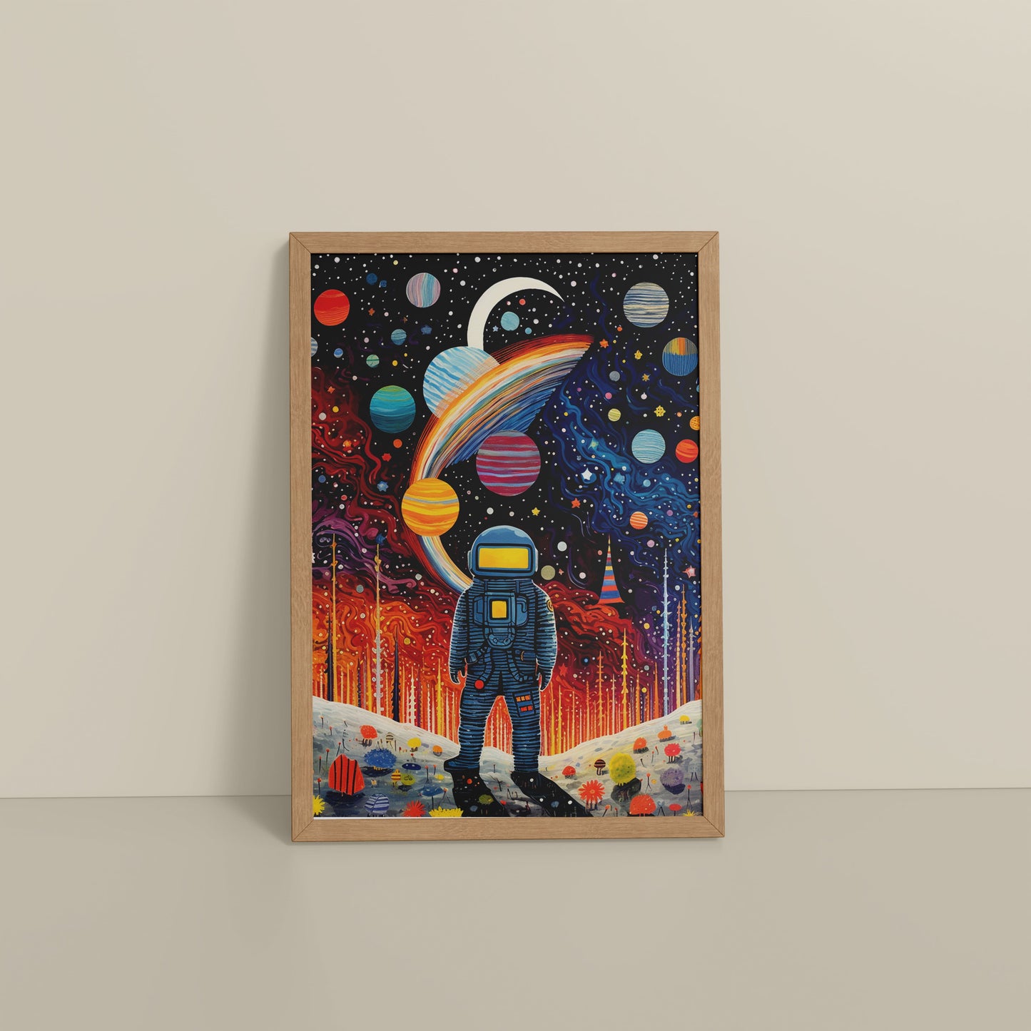Floor View of Astronaut Escape – Space Adventure Wall Painting Frame in Natrual Color Frame