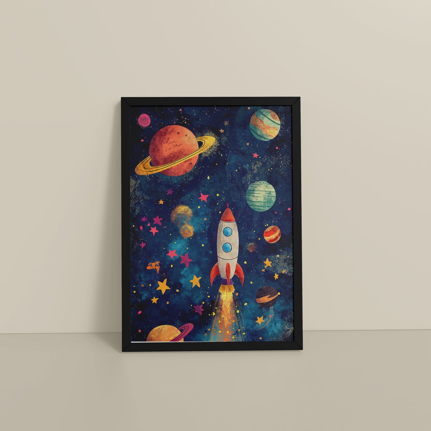 Floor View of Cosmic Launch – Rocket in Space Wall Art Frame in Black Color Frame