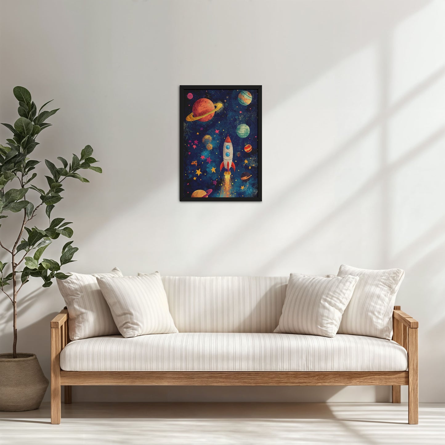 Living Room Cabinet Table Preview of Cosmic Launch – Rocket in Space Wall Art Frame in Black Color Frame