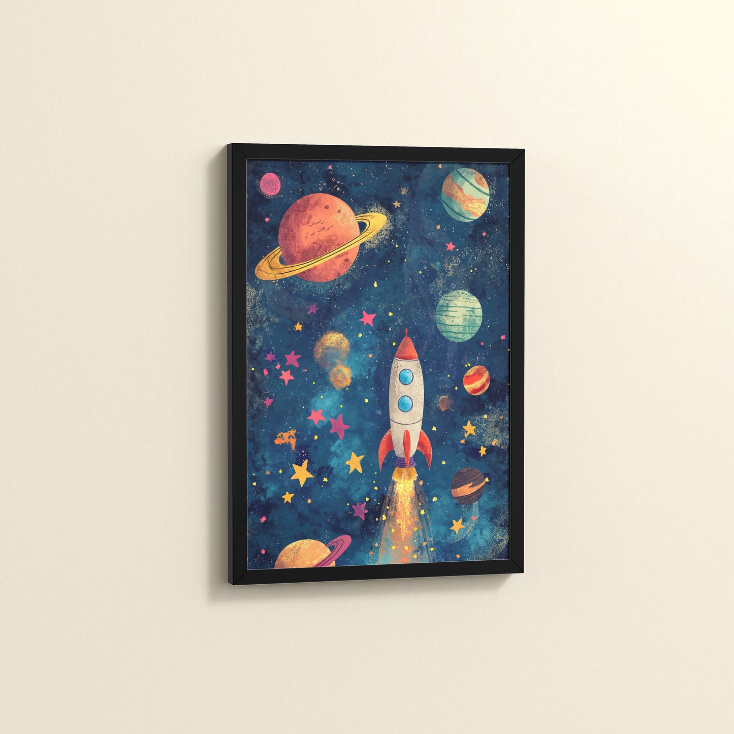 Side View of Cosmic Launch – Rocket in Space Wall Art Frame in Black Color Frame