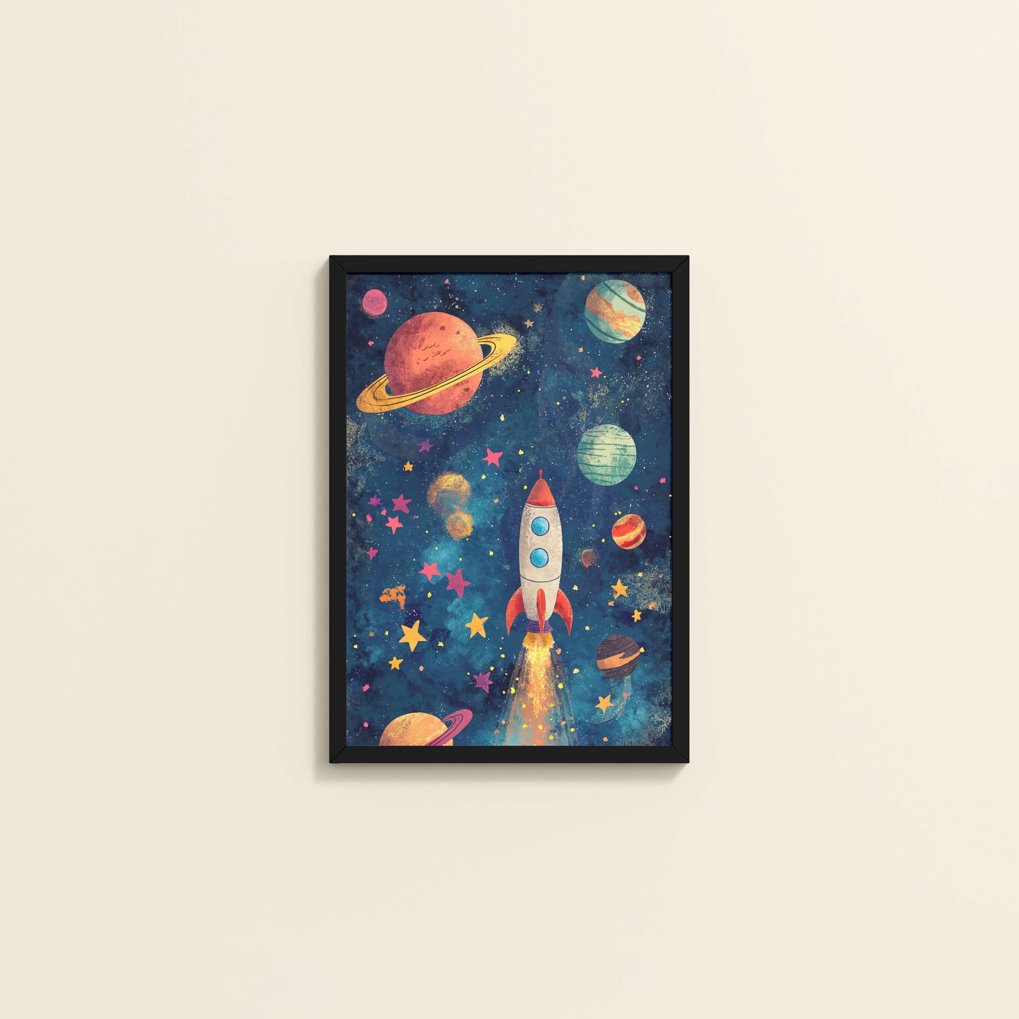 Wall View of Cosmic Launch – Rocket in Space Wall Art Frame in Black Color Frame