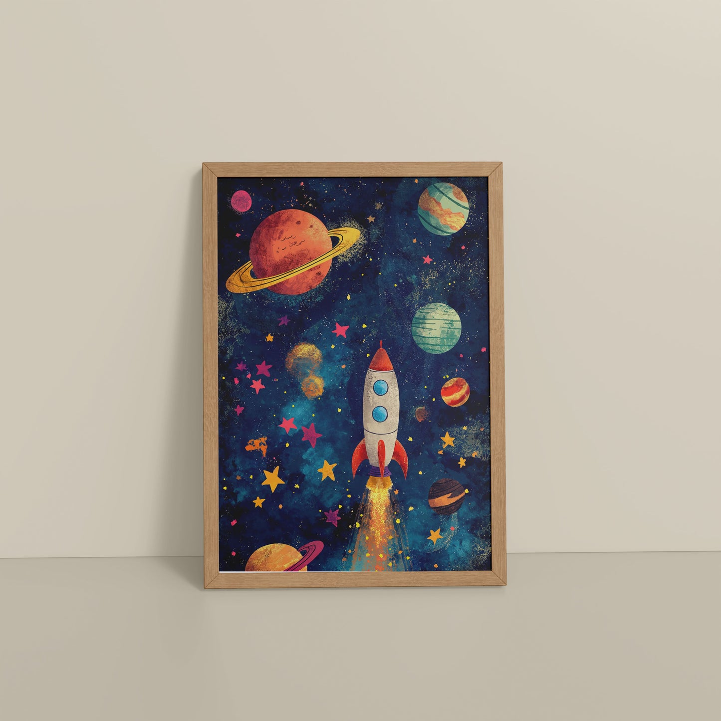 Floor View of Cosmic Launch – Rocket in Space Wall Art Frame in Natrual Color Frame