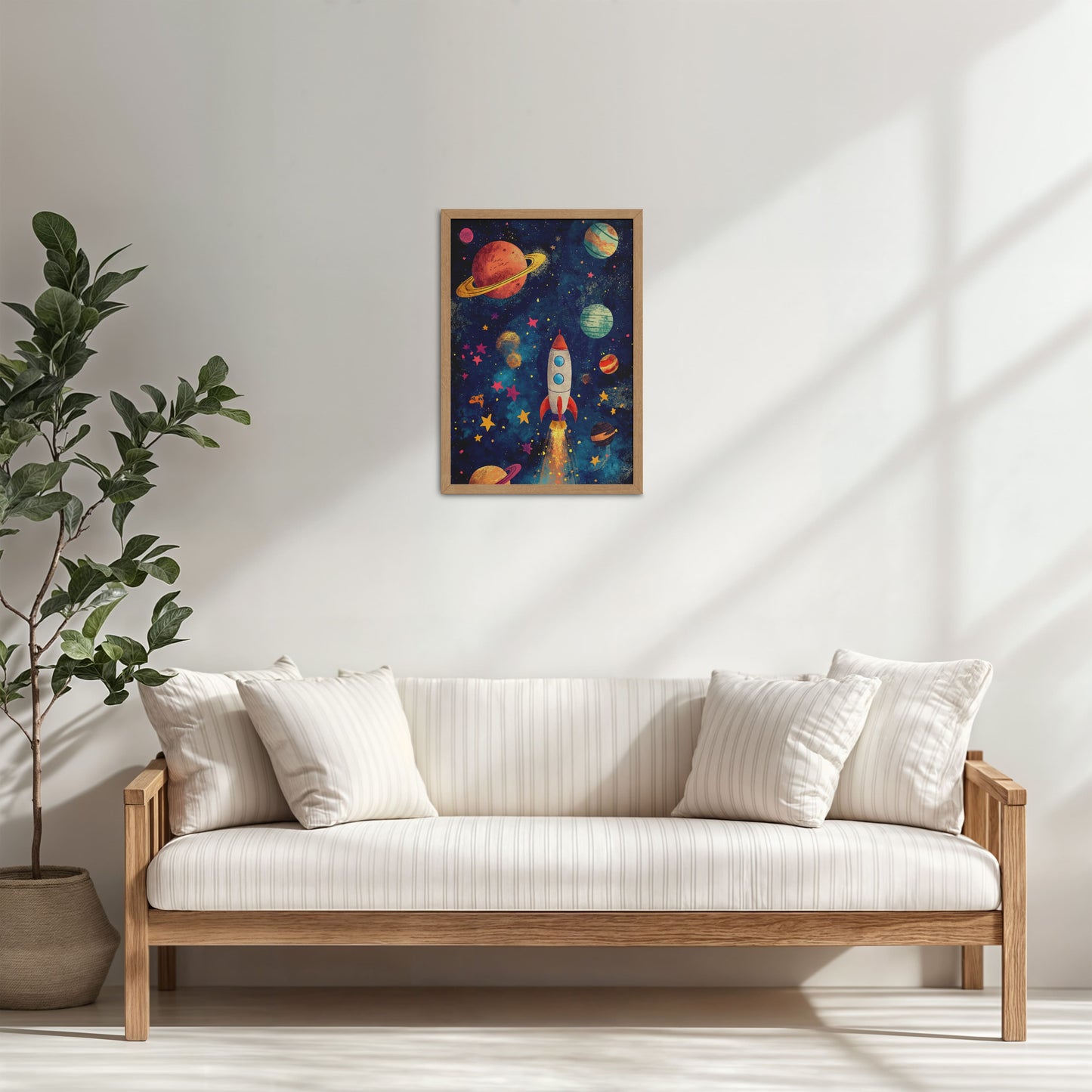 Living Room Cabinet Table Preview of Cosmic Launch – Rocket in Space Wall Art Frame in Natrual Color Frame