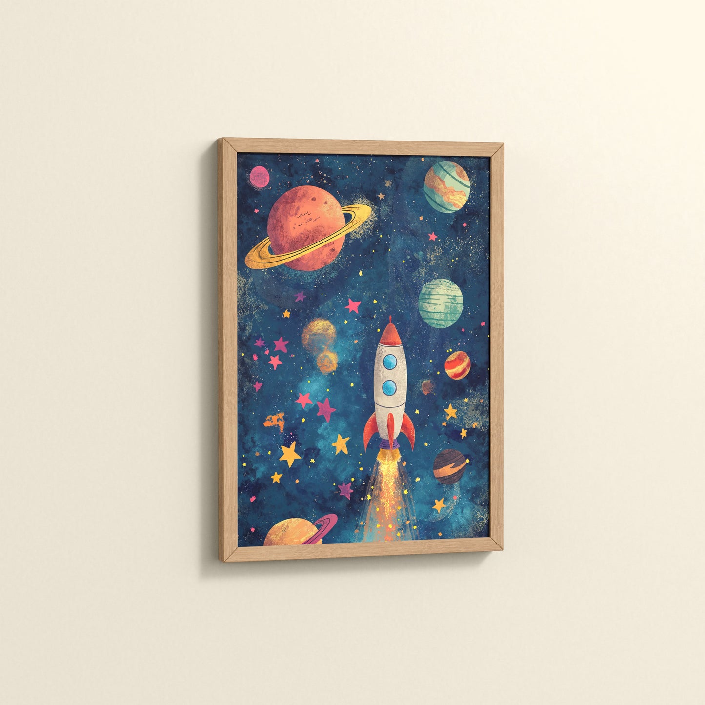 Side View of Cosmic Launch – Rocket in Space Wall Art Frame in Natrual Color Frame