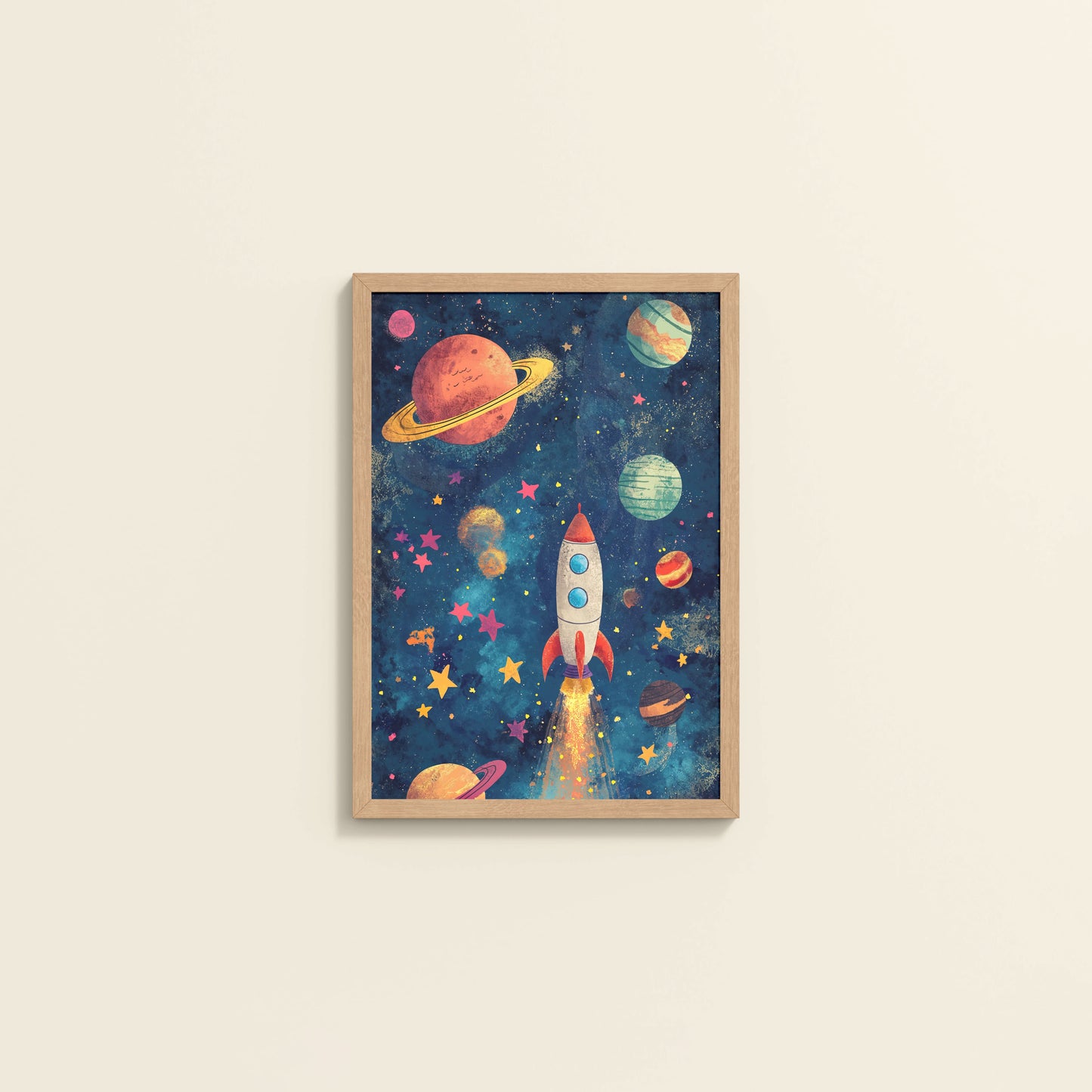 Wall View of Cosmic Launch – Rocket in Space Wall Art Frame in Natrual Color Frame