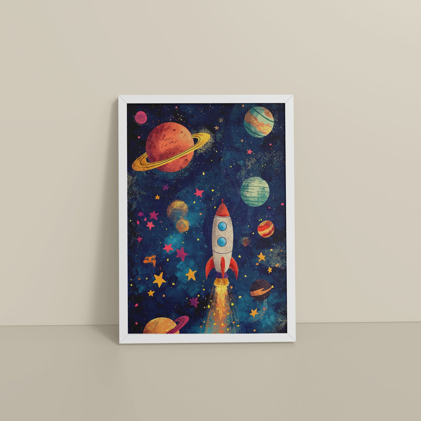 Floor View of Cosmic Launch – Rocket in Space Wall Art Frame in White Color Frame