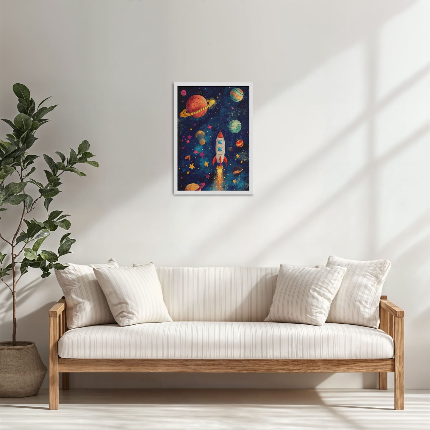 Living Room Cabinet Table Preview of Cosmic Launch – Rocket in Space Wall Art Frame in White Color Frame