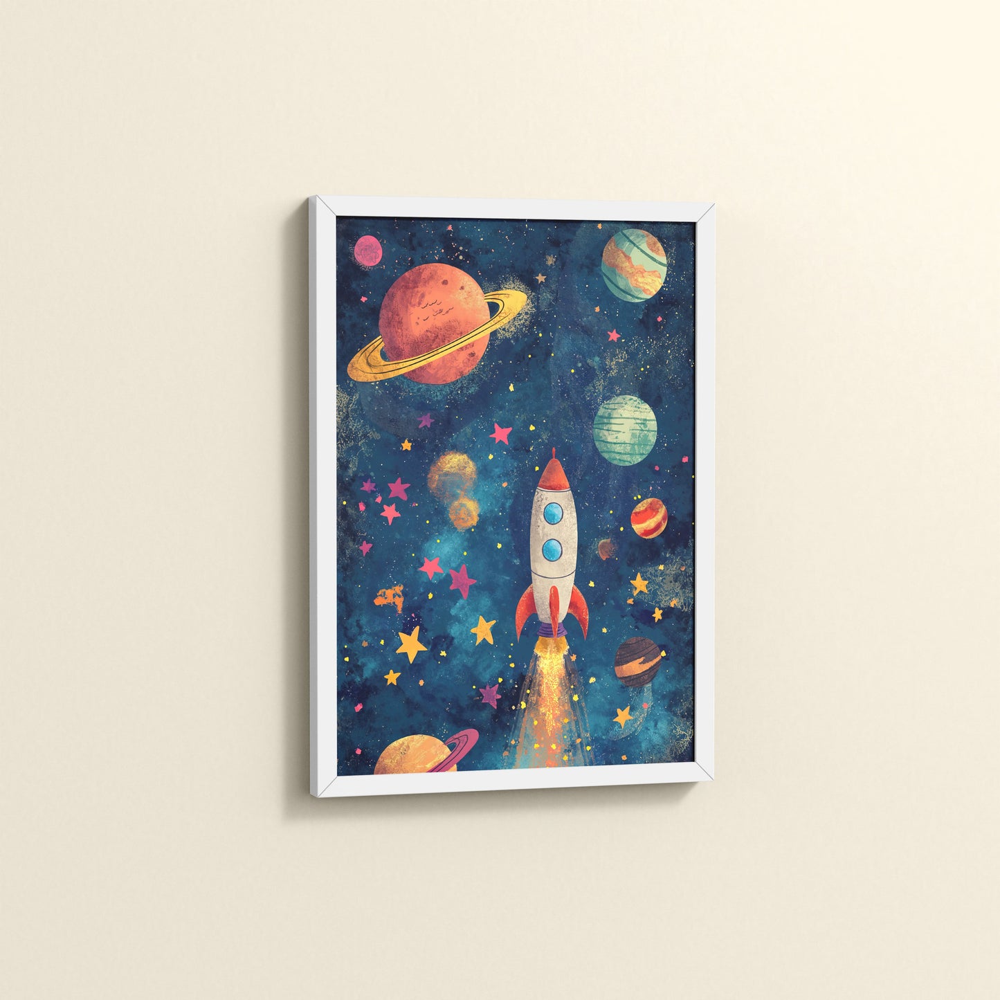 Side View of Cosmic Launch – Rocket in Space Wall Art Frame in White Color Frame