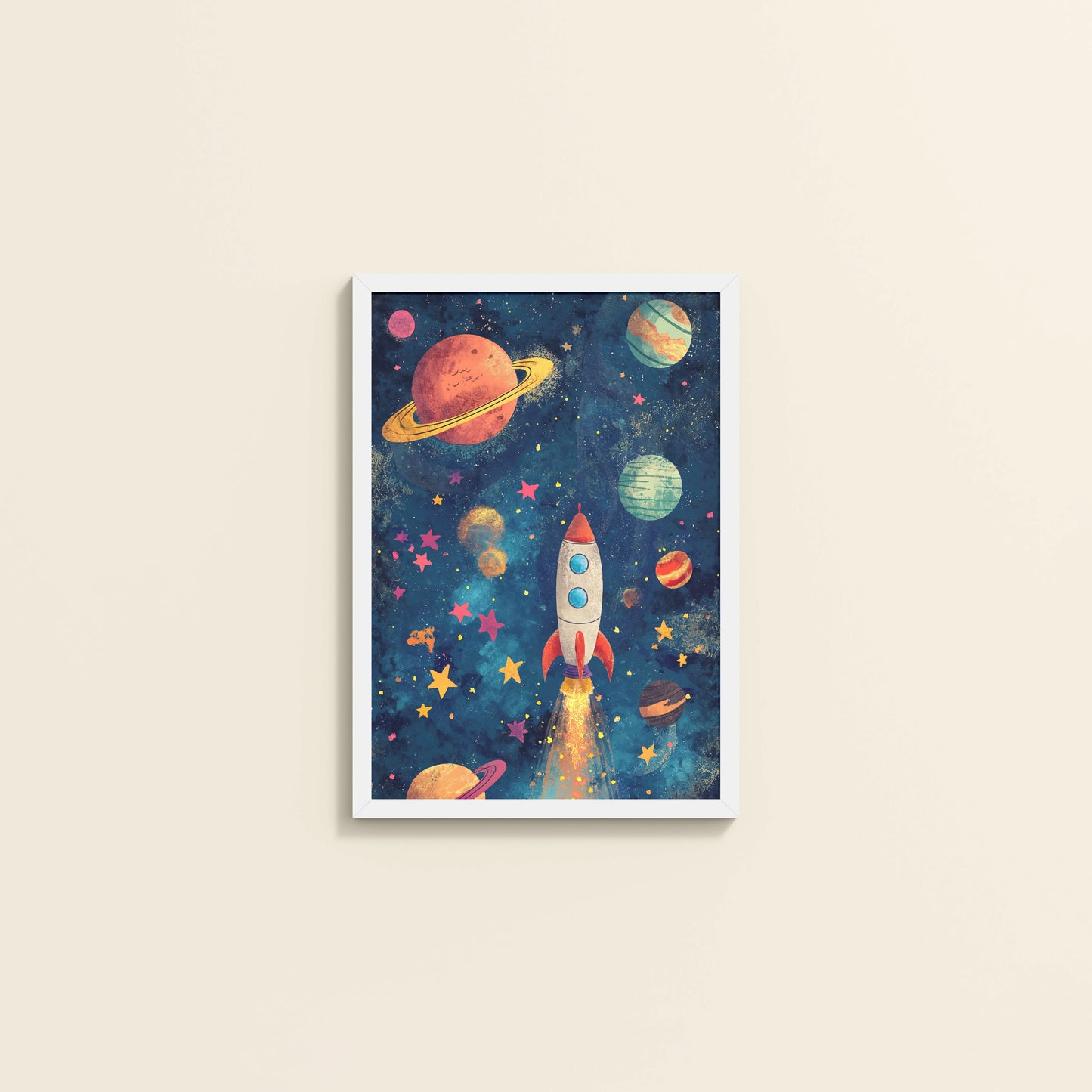 Wall View of Cosmic Launch – Rocket in Space Wall Art Frame in White Color Frame