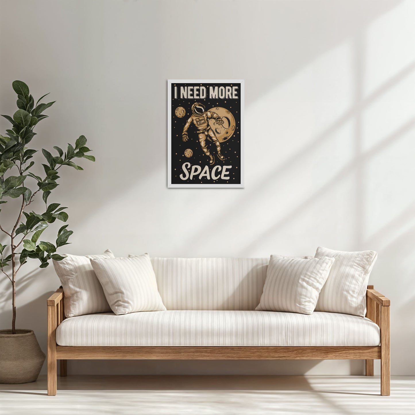 Living Room Cabinet Table Preview of I Need More Space – Astronaut Quote Wall Art Frame in White Color Frame