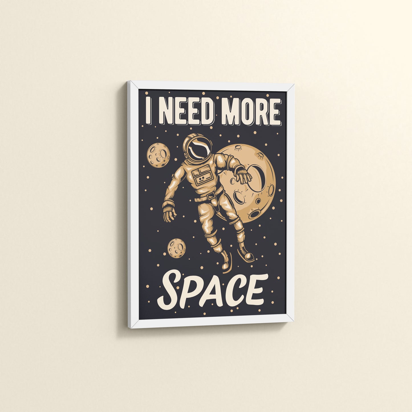 Side View of I Need More Space – Astronaut Quote Wall Art Frame in White Color Frame