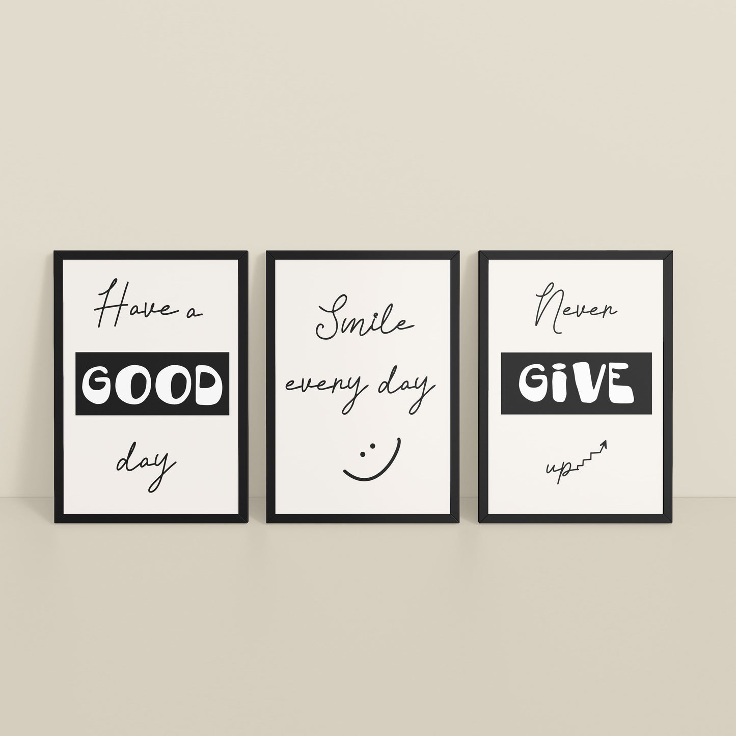 Inclined Floor View of Good Vibes – Daily Motivational Set of 3 Frames in Black Color Frame