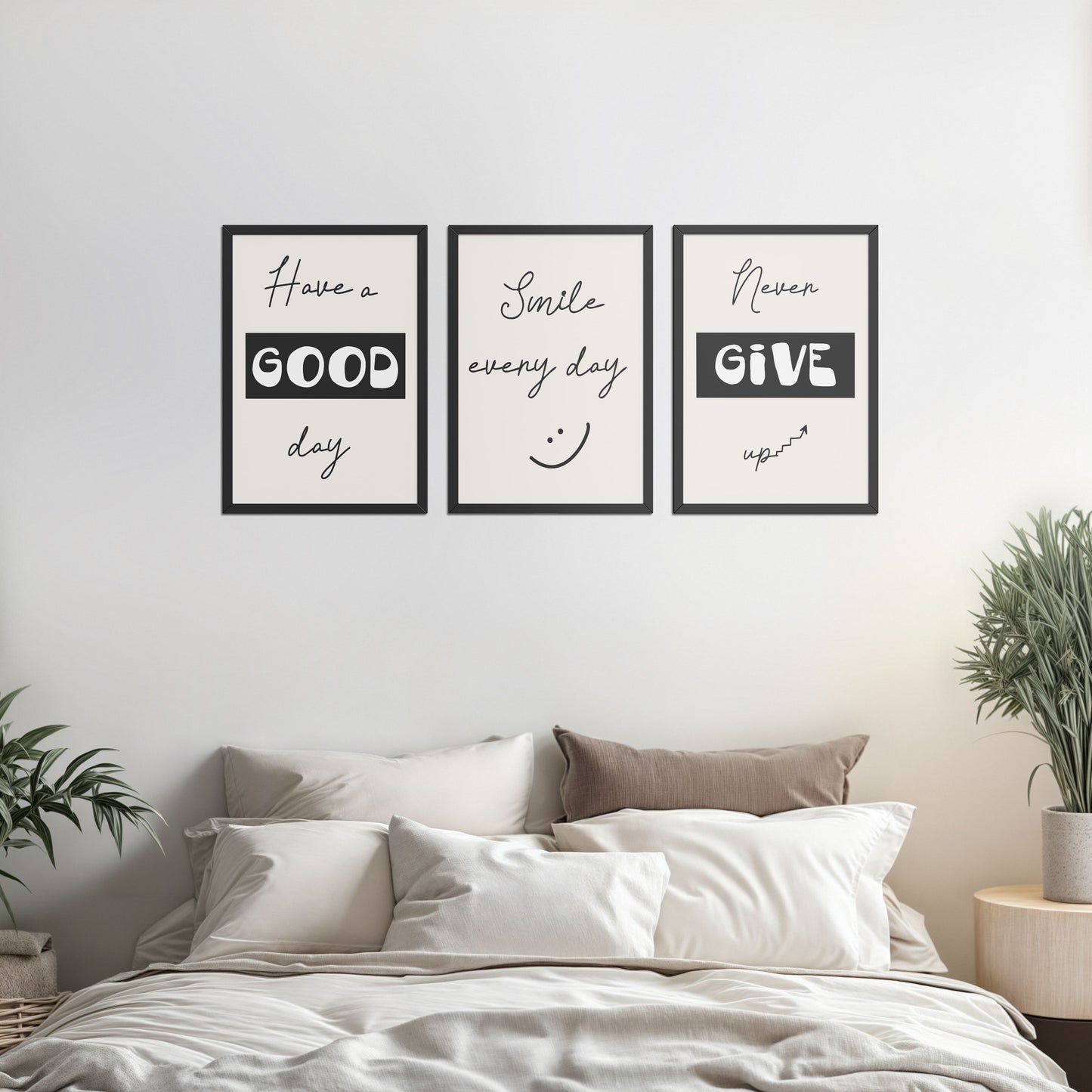 Bed Room Preview of Good Vibes – Daily Motivational Set of 3 Frames in Black Color Frame