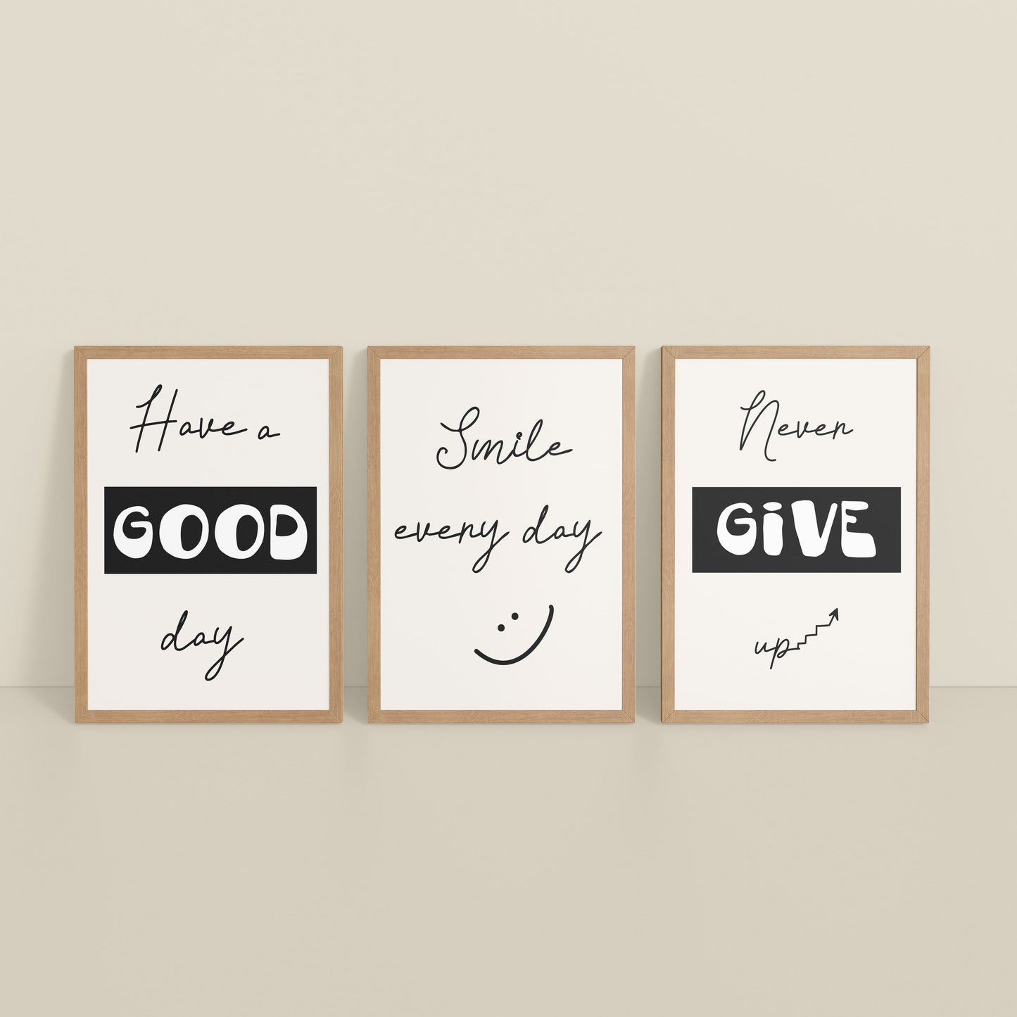 Inclined Floor View of Good Vibes – Daily Motivational Set of 3 Frames in Natrual Color Frame
