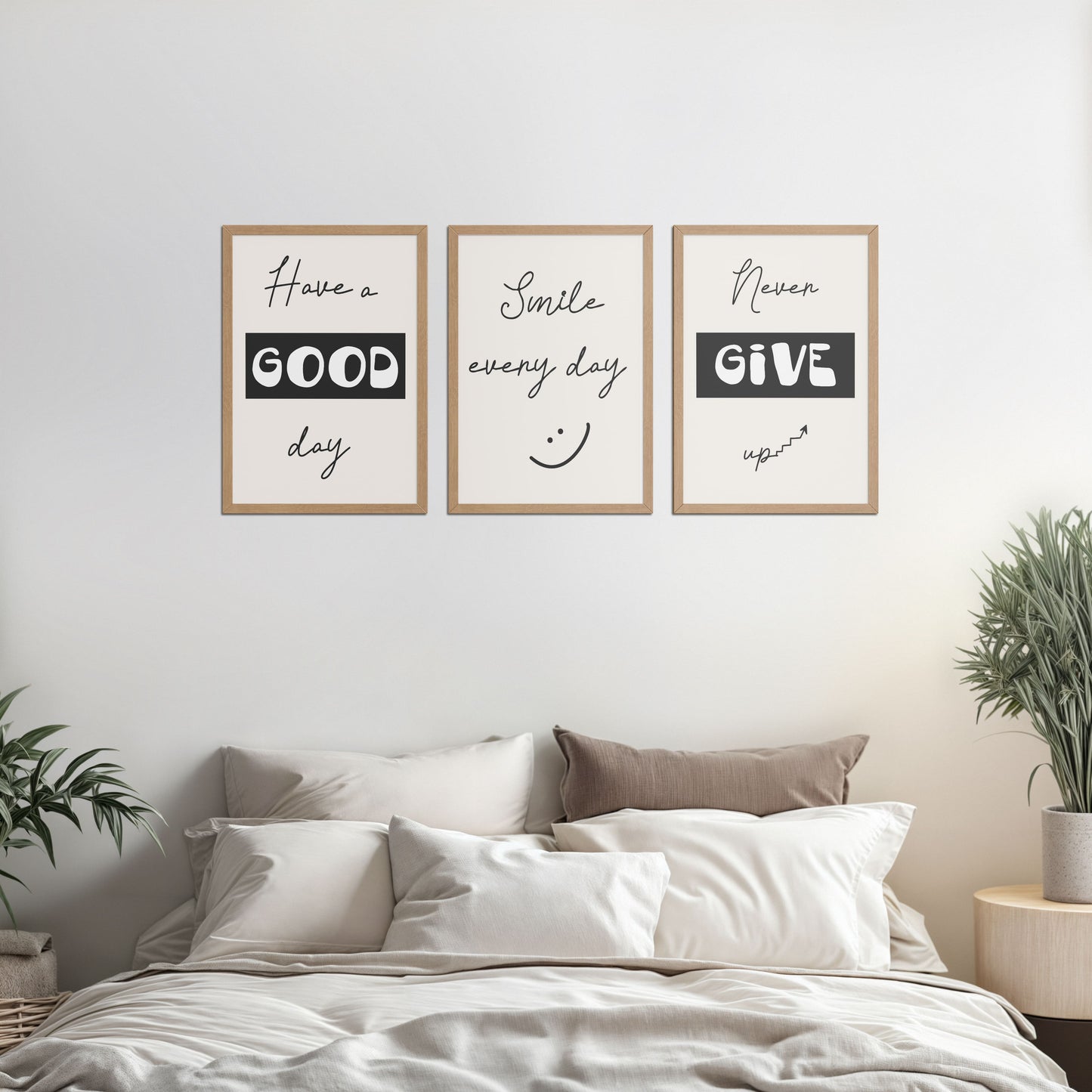 Bed Room Preview of Good Vibes – Daily Motivational Set of 3 Frames in Natrual Color Frame