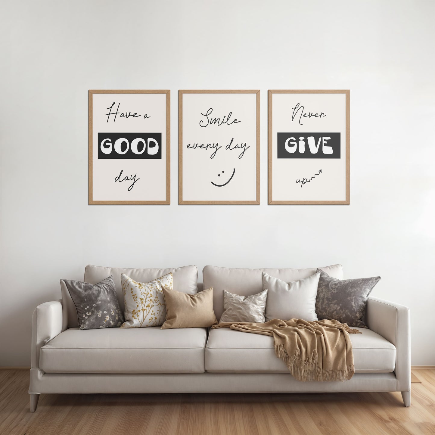 Living Room Sofa Preview of Good Vibes – Daily Motivational Set of 3 Frames in Natrual Color Frame