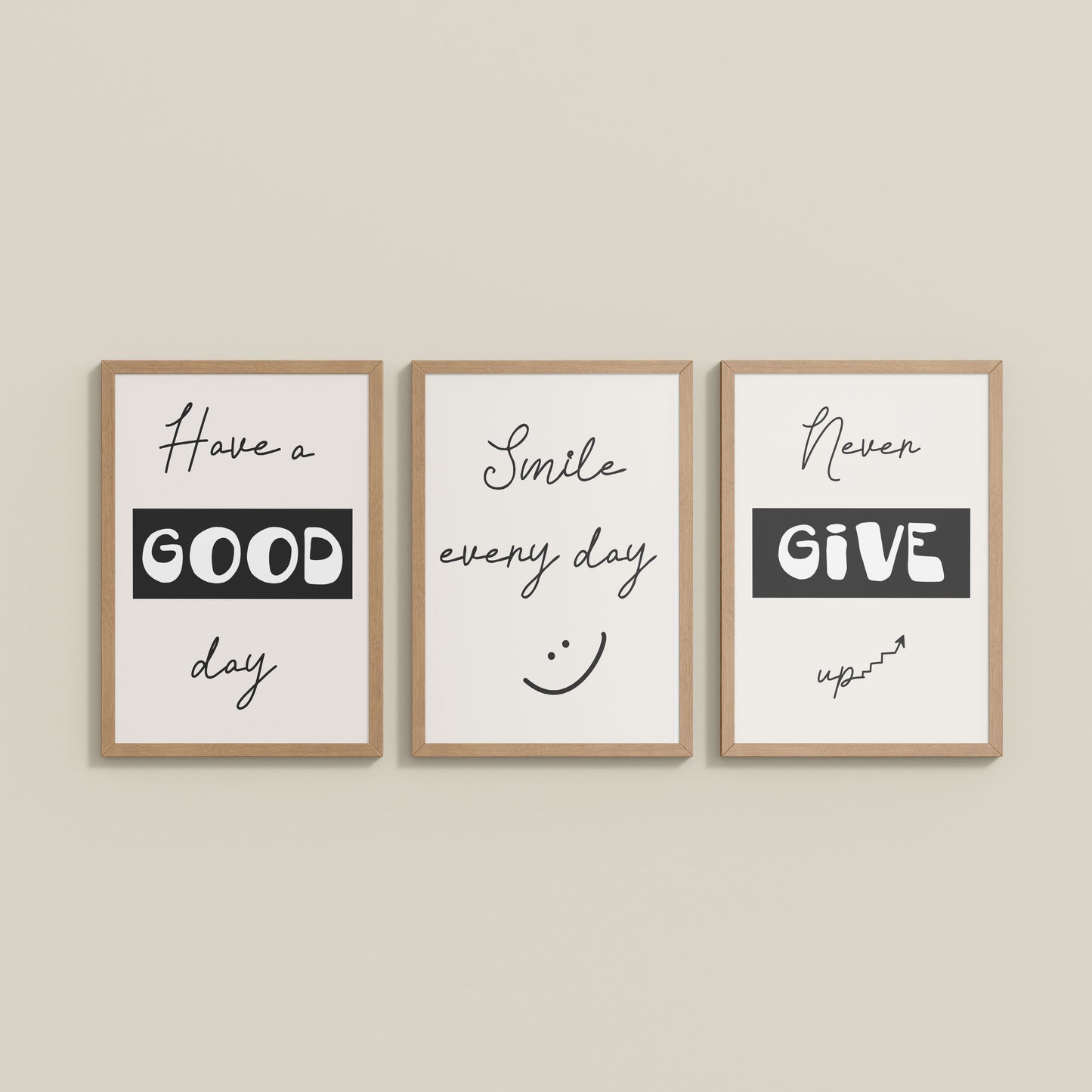 Wall View of Good Vibes – Daily Motivational Set of 3 Frames in Natrual Color Frame
