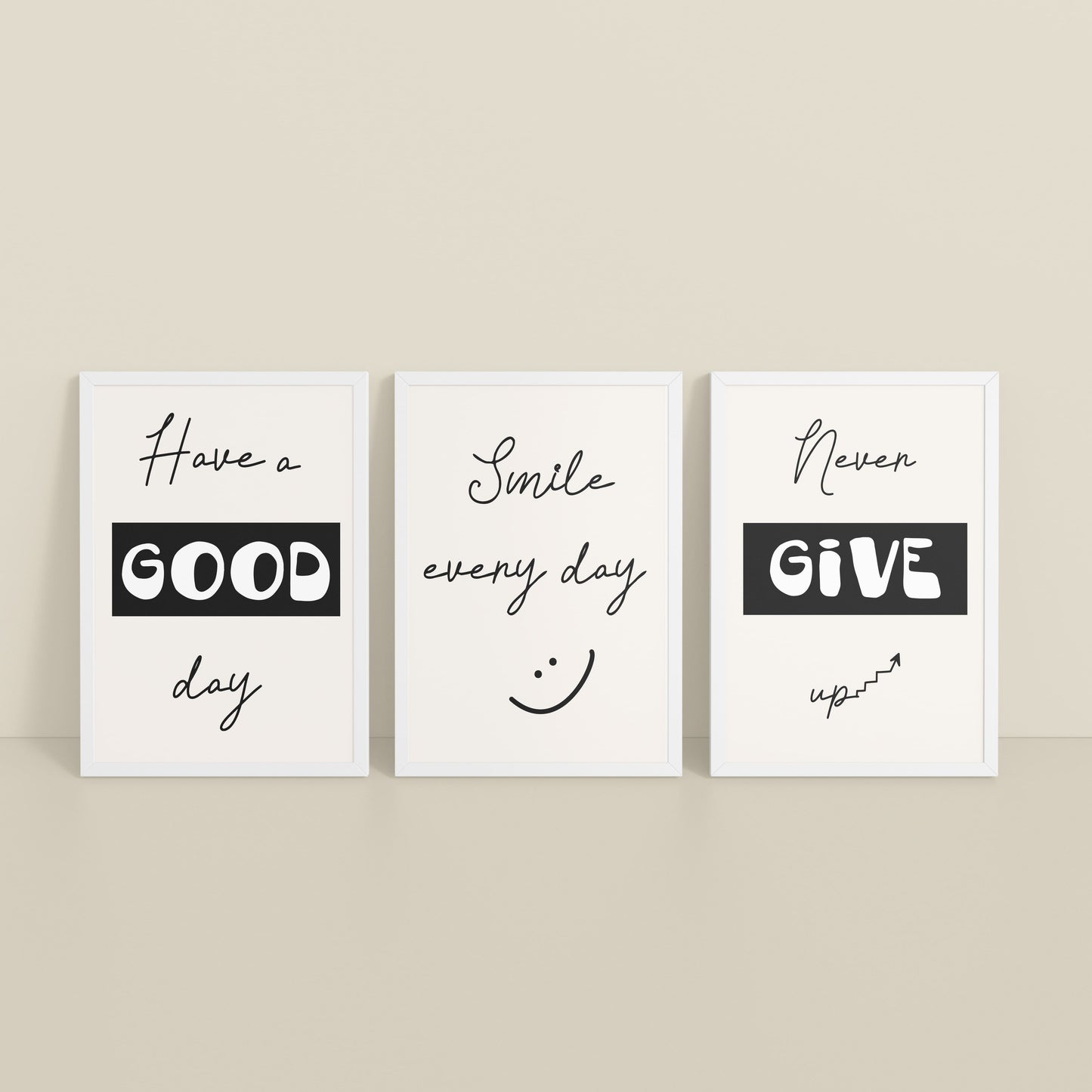 Inclined Floor View of Good Vibes – Daily Motivational Set of 3 Frames in White Color Frame