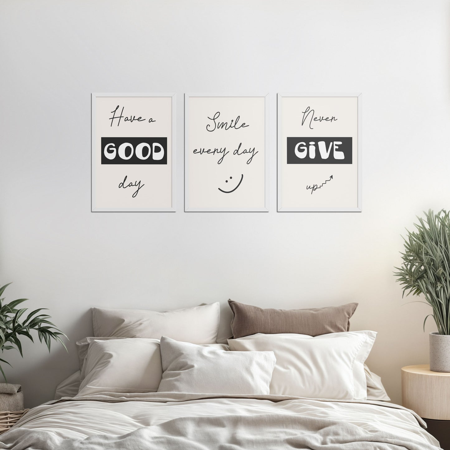 Bed Room Preview of Good Vibes – Daily Motivational Set of 3 Frames in White Color Frame