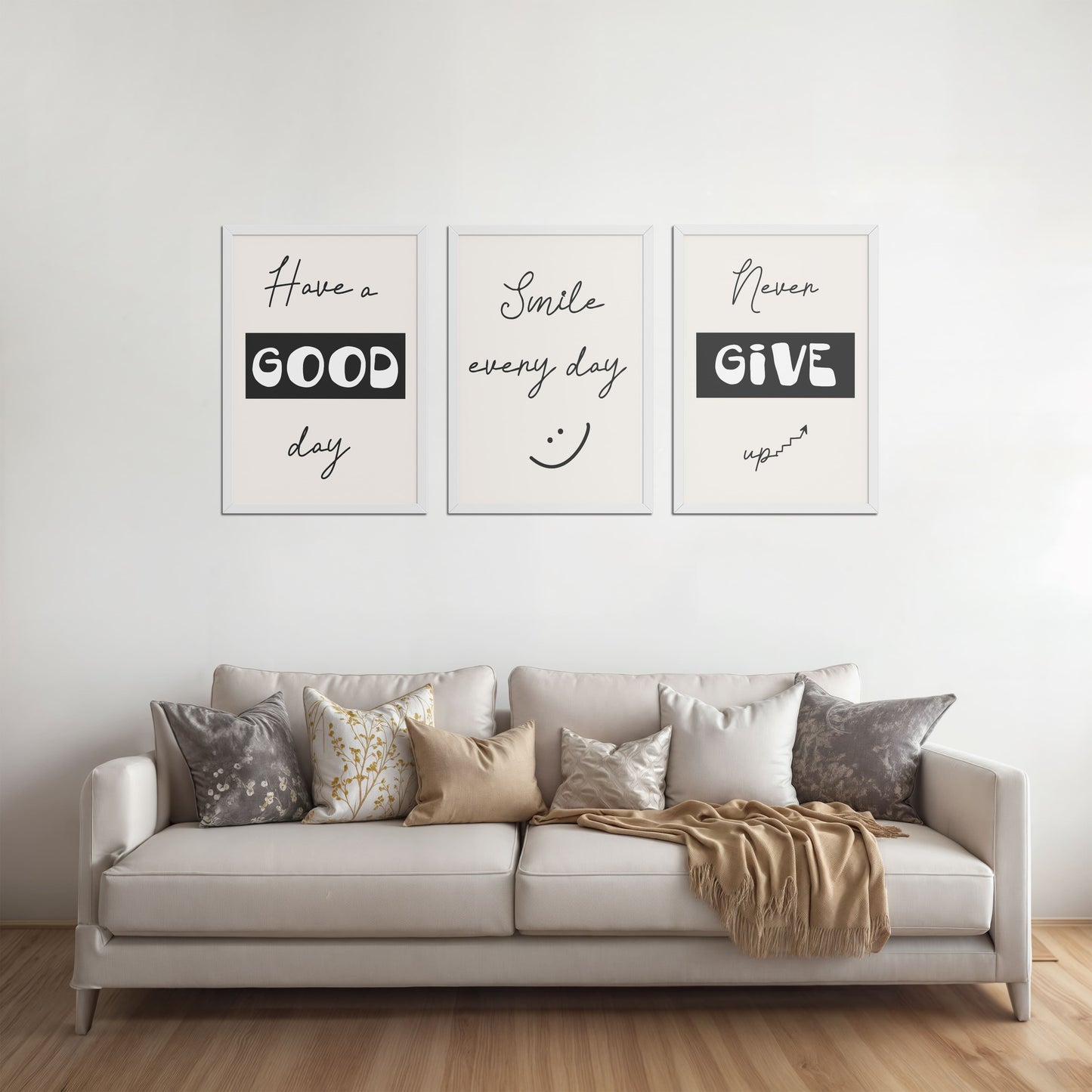 Living Room Sofa Preview of Good Vibes – Daily Motivational Set of 3 Frames in White Color Frame