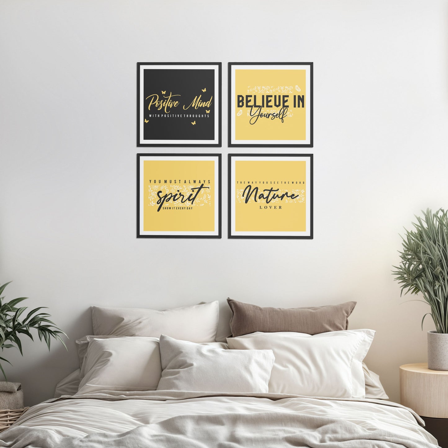 Bed Room Preview of Nature & Self-Belief Wall Art Set of 4 Frames in Black Color Frame