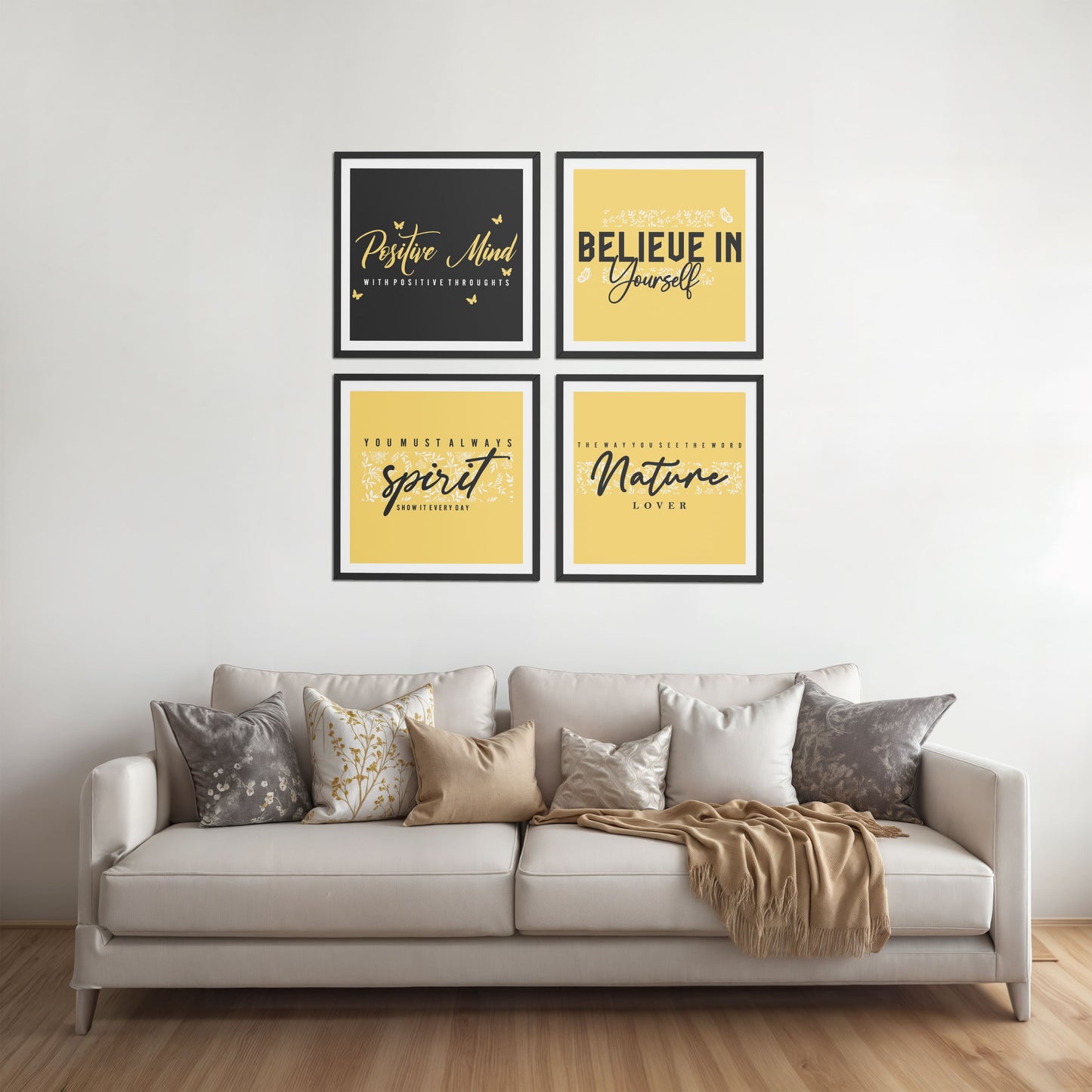 Living Room Sofa Preview of Nature & Self-Belief Wall Art Set of 4 Frames in Black Color Frame