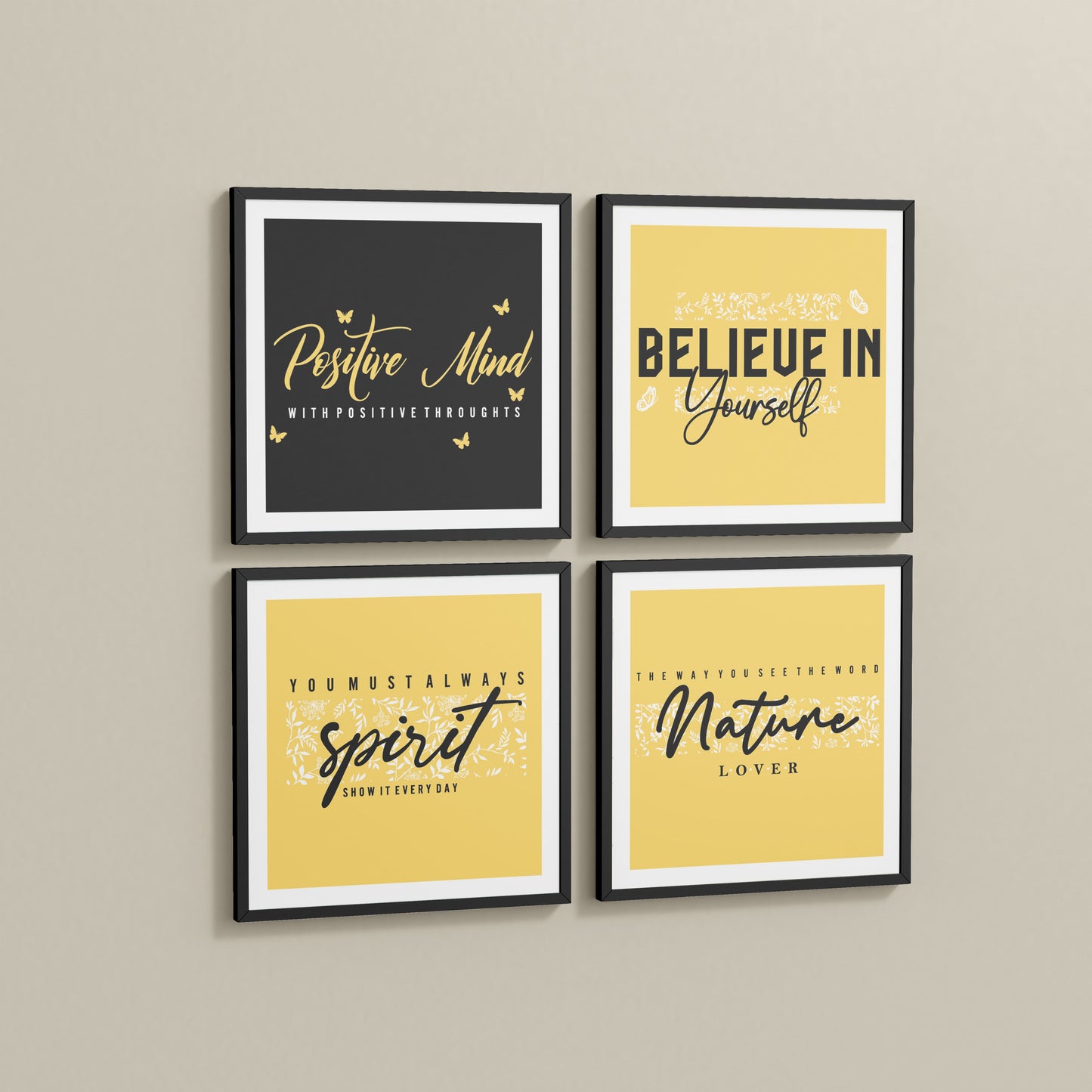 Side View of Nature & Self-Belief Wall Art Set of 4 Frames in Black Color Frame