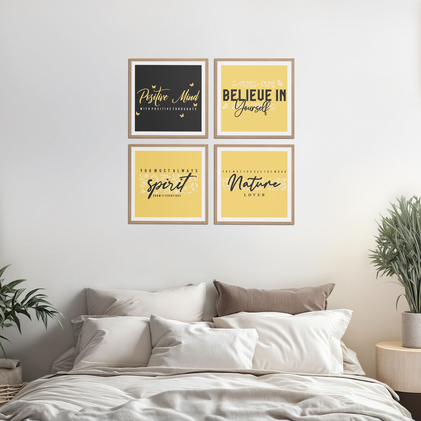 Bed Room Preview of Nature & Self-Belief Wall Art Set of 4 Frames in Natrual Color Frame
