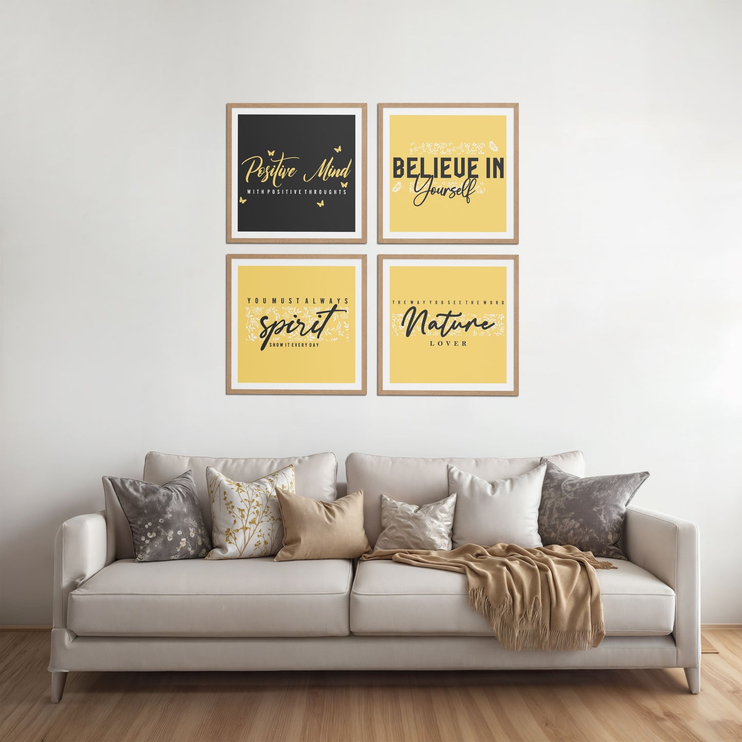 Living Room Sofa Preview of Nature & Self-Belief Wall Art Set of 4 Frames in Natrual Color Frame