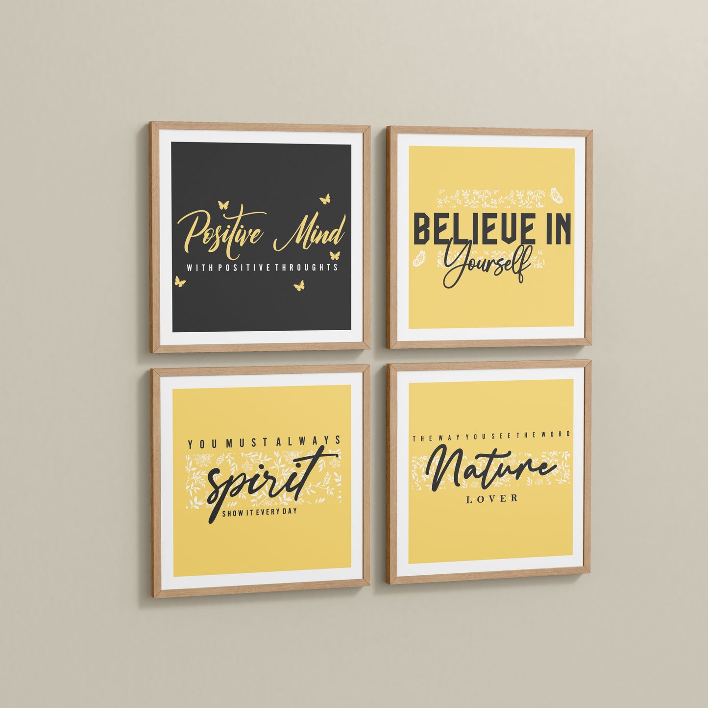 Side View of Nature & Self-Belief Wall Art Set of 4 Frames in Natrual Color Frame