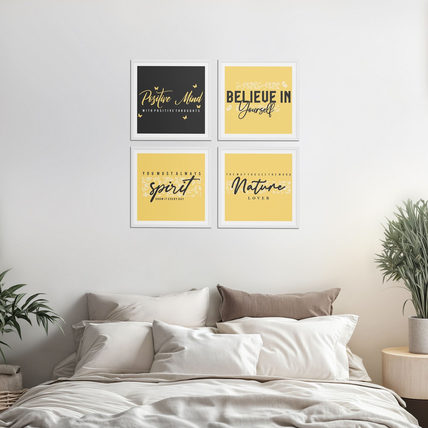 Bed Room Preview of Nature & Self-Belief Wall Art Set of 4 Frames in White Color Frame