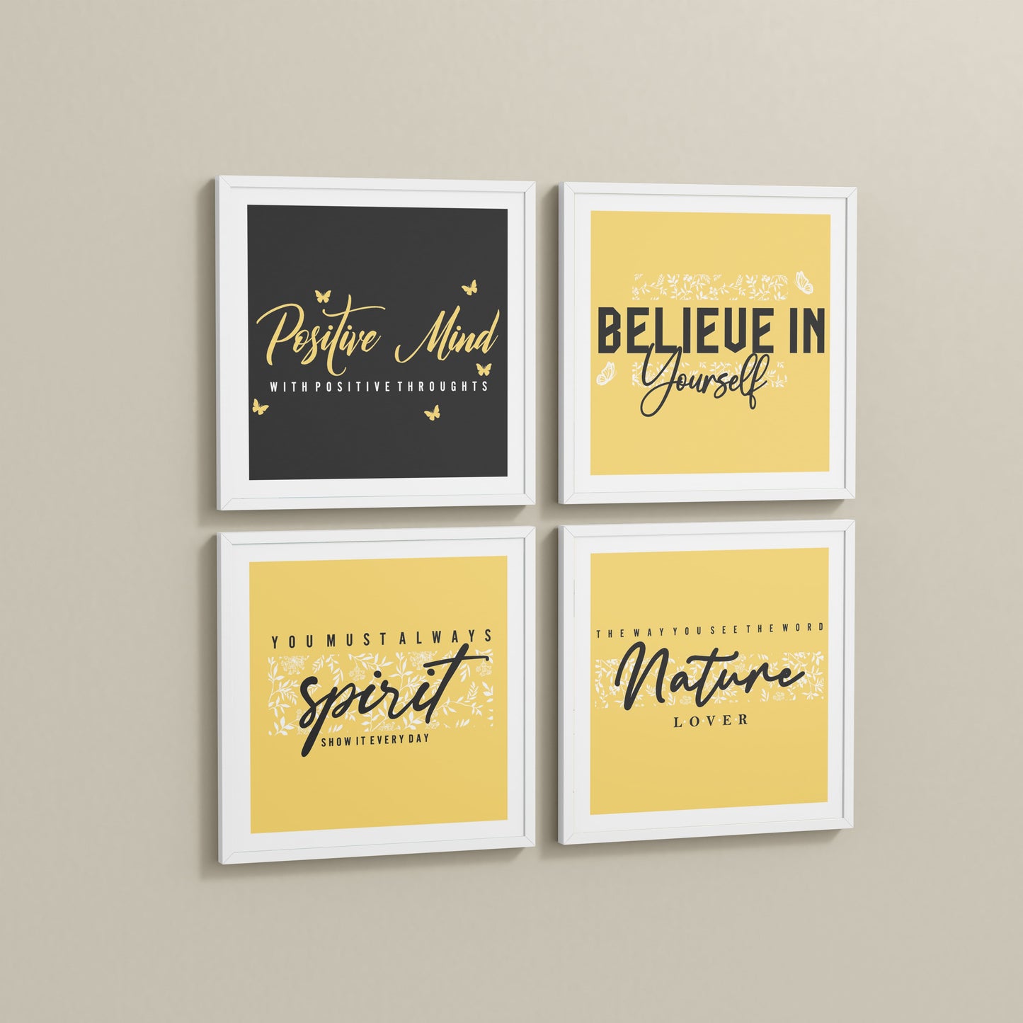 Side View of Nature & Self-Belief Wall Art Set of 4 Frames in White Color Frame