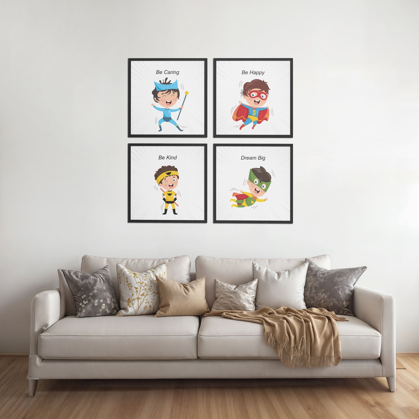 Living Room Sofa Preview of Hero’s Code – Superhero Quote Wall Art Set of 4 in Black Color Frame