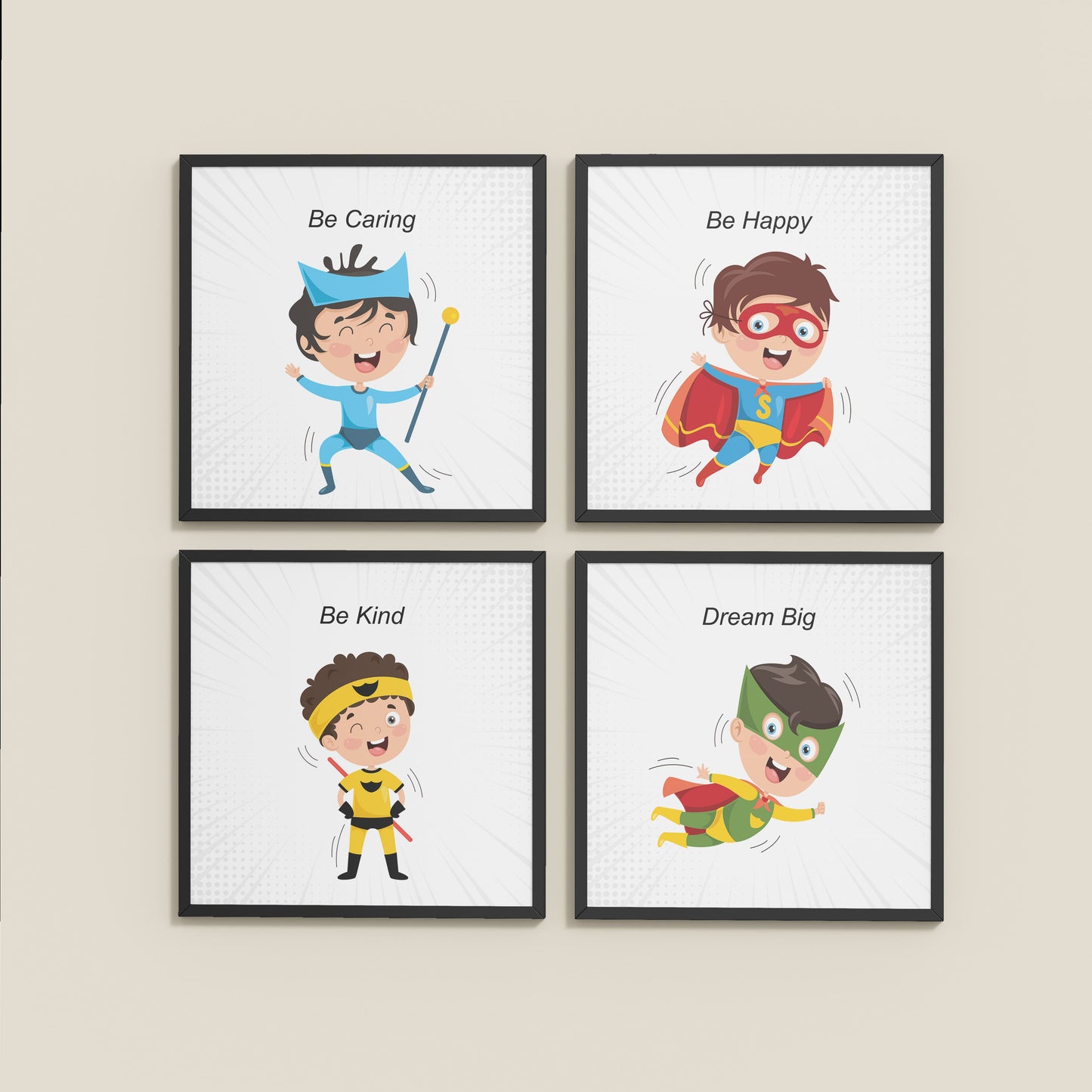 Wall View of Hero’s Code – Superhero Quote Wall Art Set of 4 in Black Color Frame