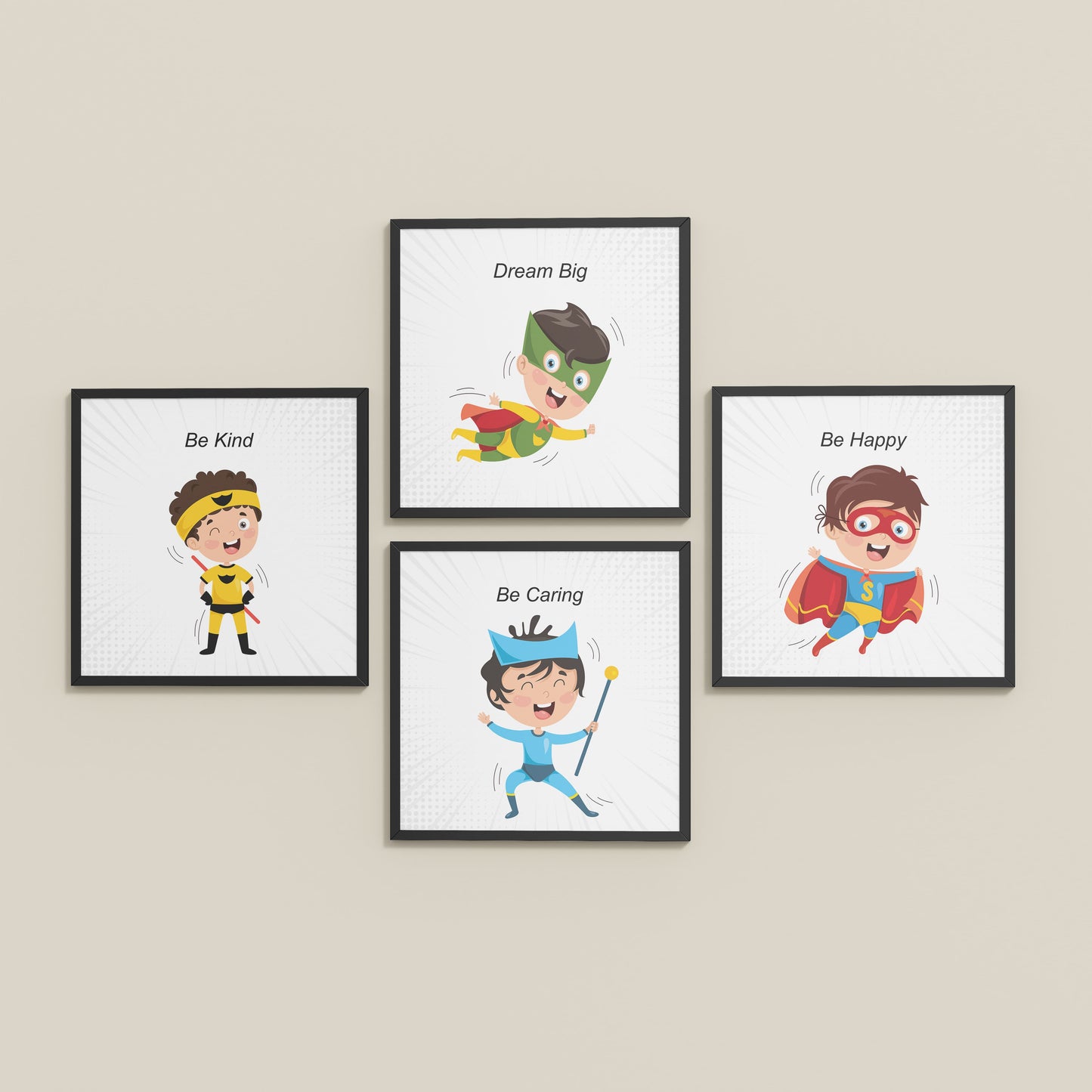 Inclined Floor View of Hero’s Code – Superhero Quote Wall Art Set of 4 in Black Color Frame
