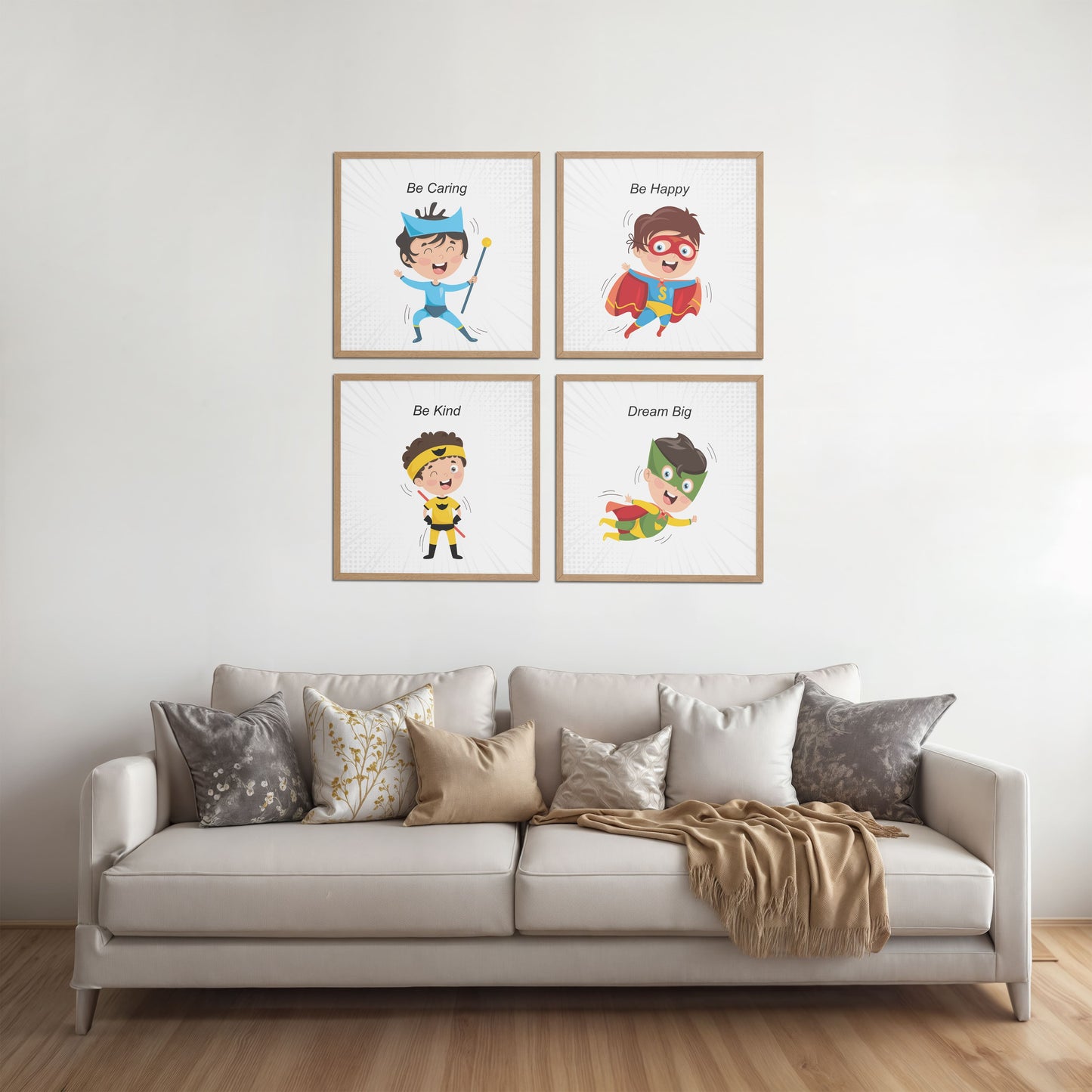Living Room Sofa Preview of Hero’s Code – Superhero Quote Wall Art Set of 4 in Natrual Color Frame
