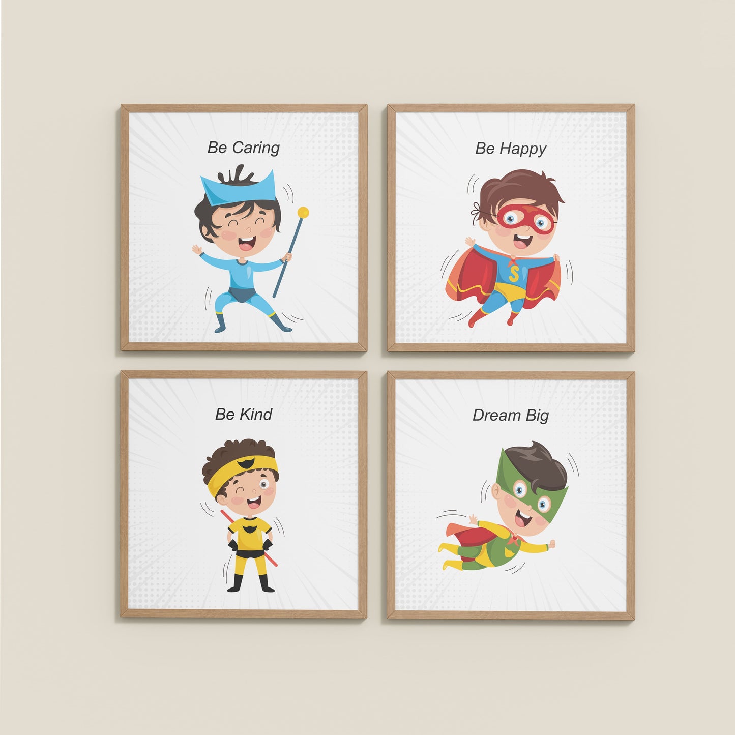 Wall View of Hero’s Code – Superhero Quote Wall Art Set of 4 in Natrual Color Frame