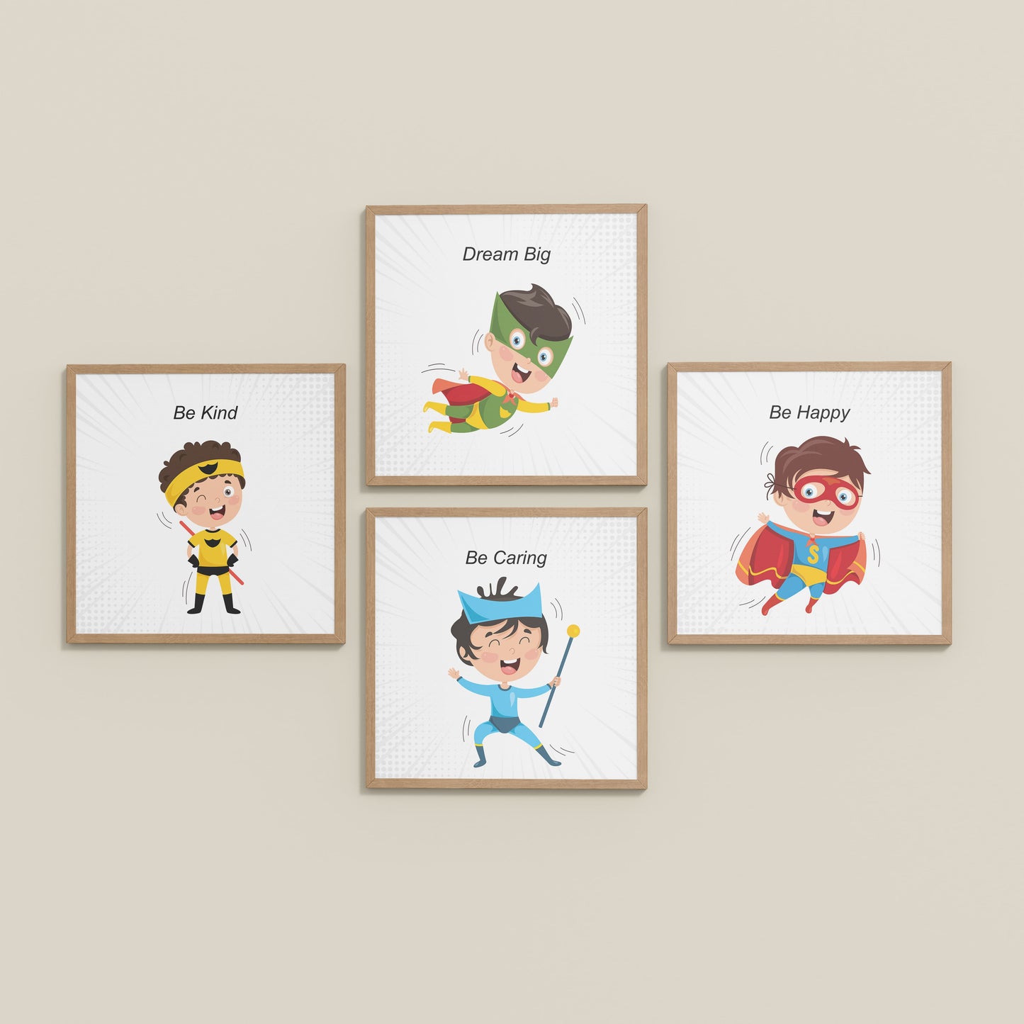 Inclined Floor View of Hero’s Code – Superhero Quote Wall Art Set of 4 in Natrual Color Frame
