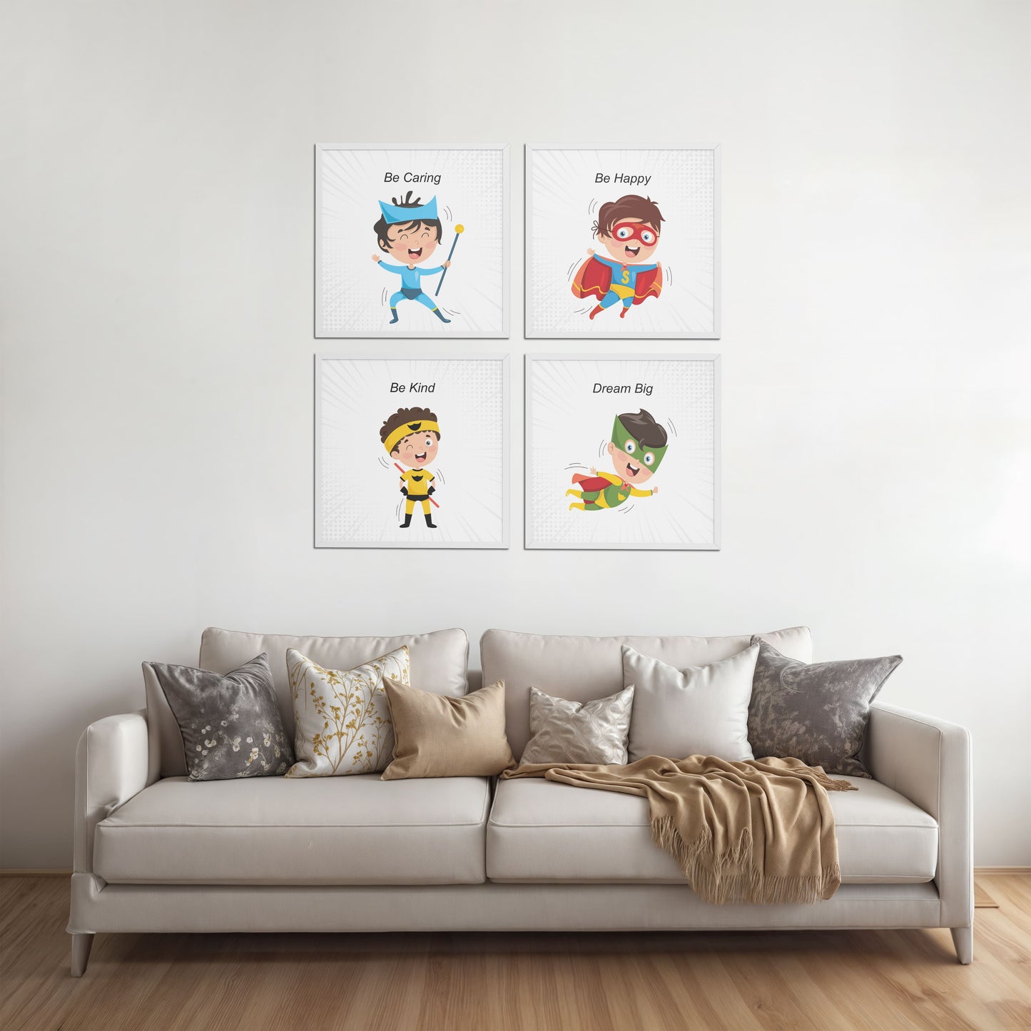 Living Room Sofa Preview of Hero’s Code – Superhero Quote Wall Art Set of 4 in White Color Frame