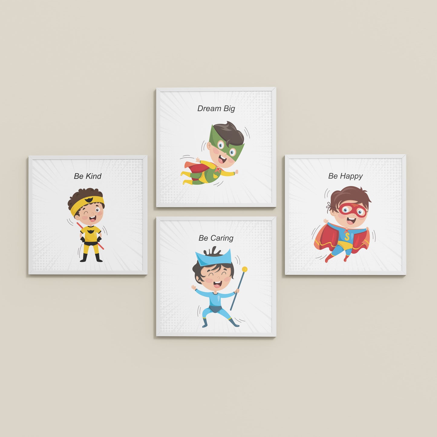 Inclined Floor View of Hero’s Code – Superhero Quote Wall Art Set of 4 in White Color Frame