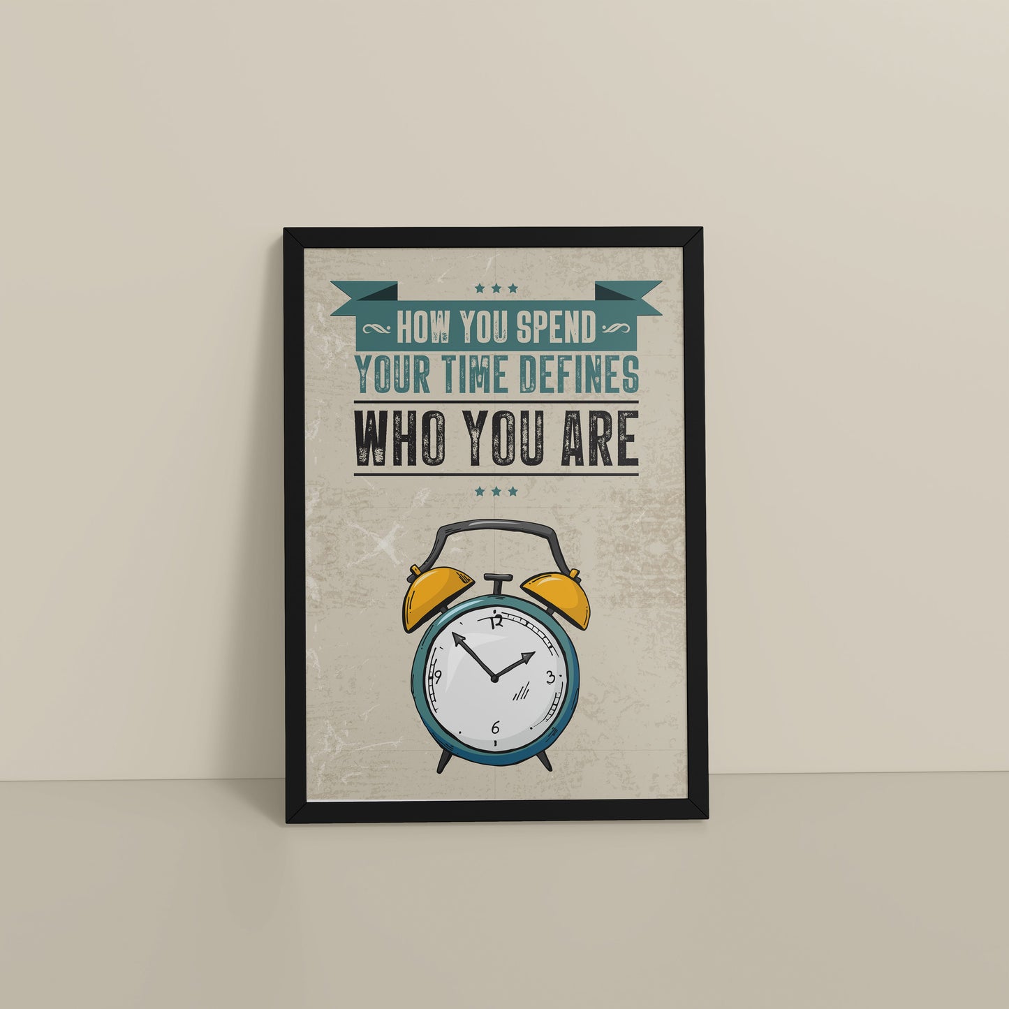 Floor View of Time Well Spent Inspirational Quote Wall Art in Black Color Frame