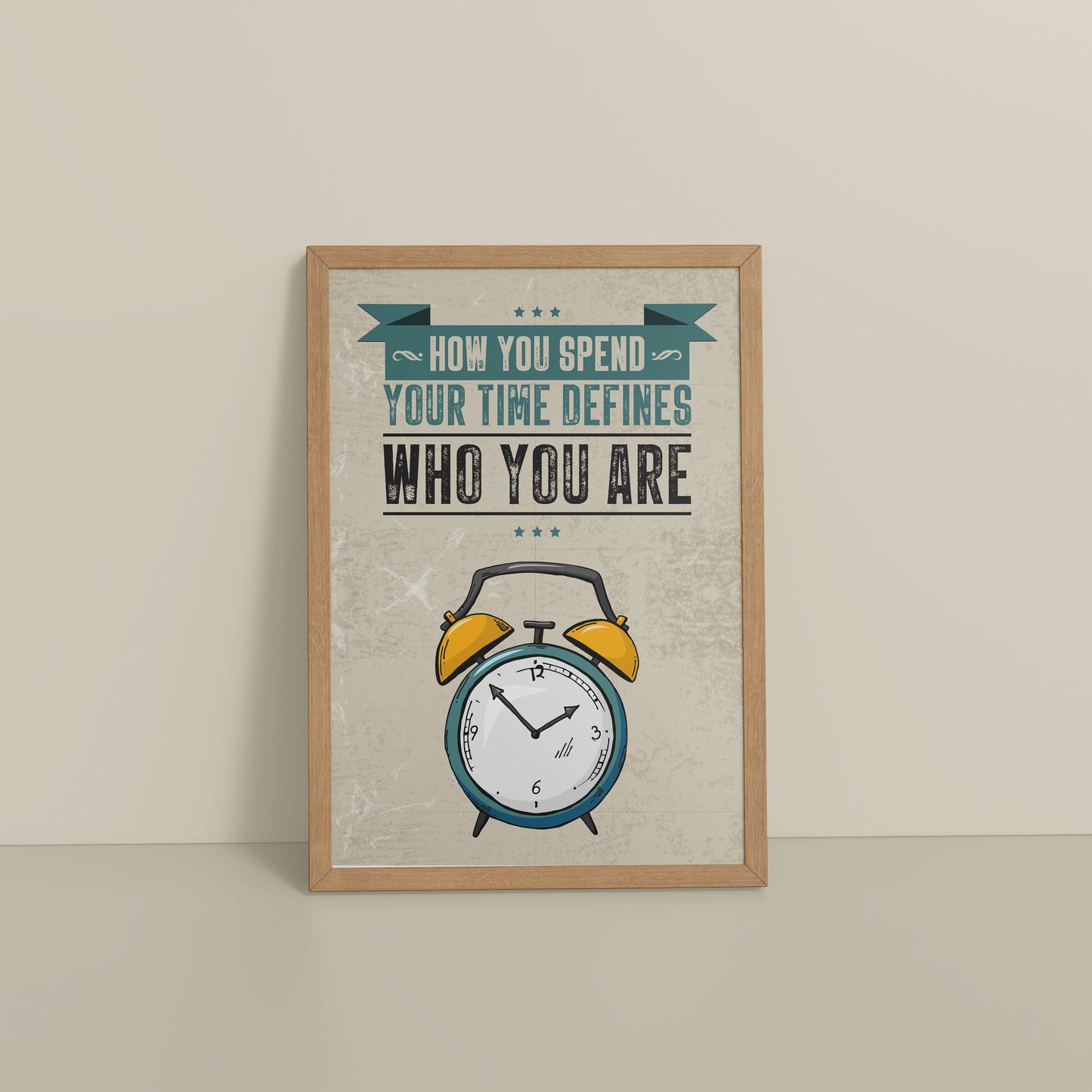 Floor View of Time Well Spent Inspirational Quote Wall Art in Natrual Color Frame