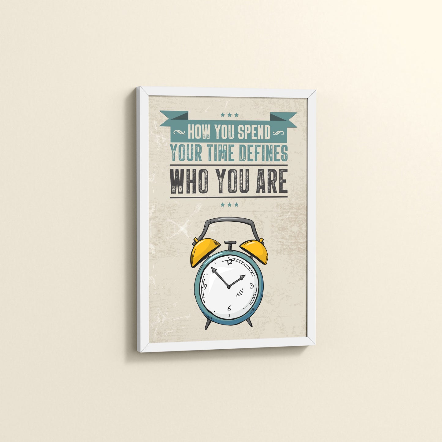 Side View of Time Well Spent Inspirational Quote Wall Art in White Color Frame