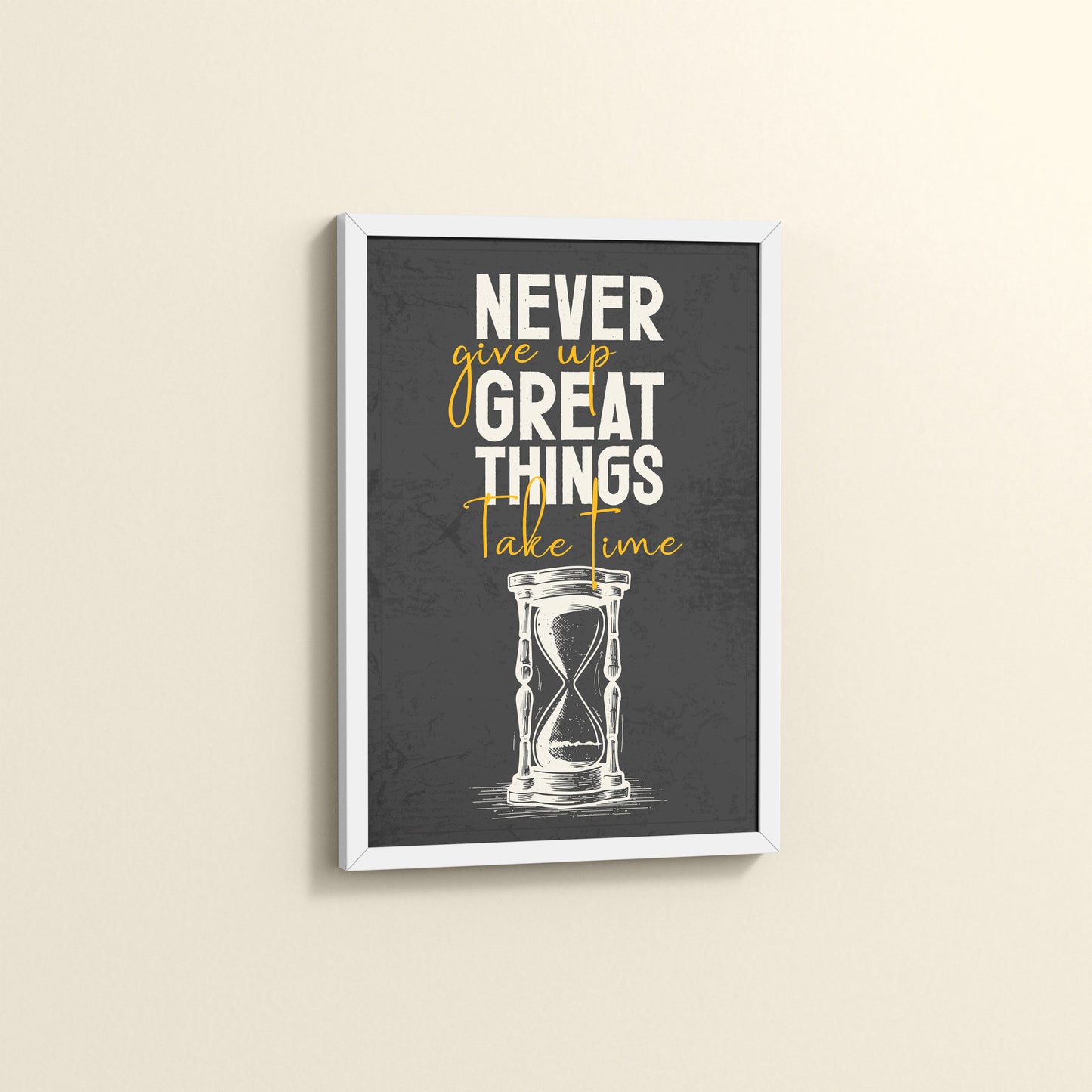 Side View of Great Things Take Time – Motivational Wall Frame in White Color Frame