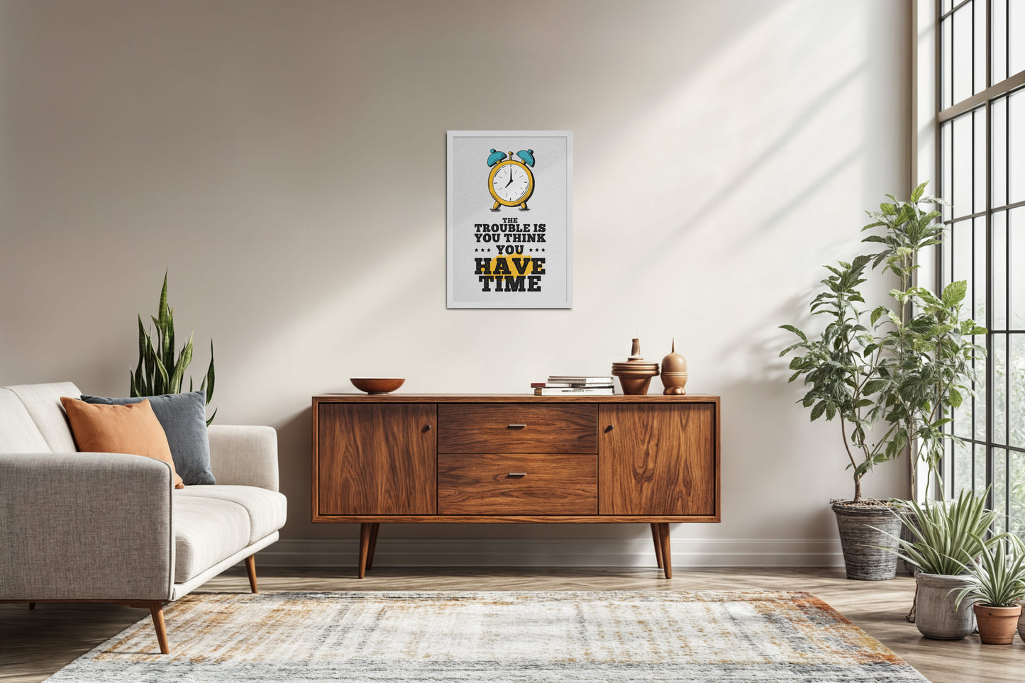 Living Room Sofa Preview of Don’t Wait – Time Awareness Quote Decor in White Color Frame