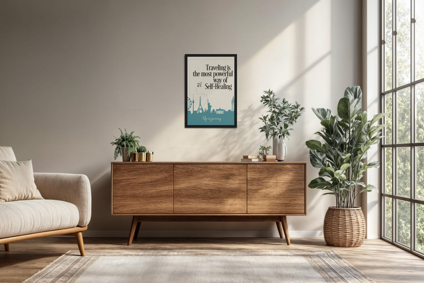 Living Room Cabinet Preview of Self-Heal Through Travel Inspirational Decor in Black Color Frame