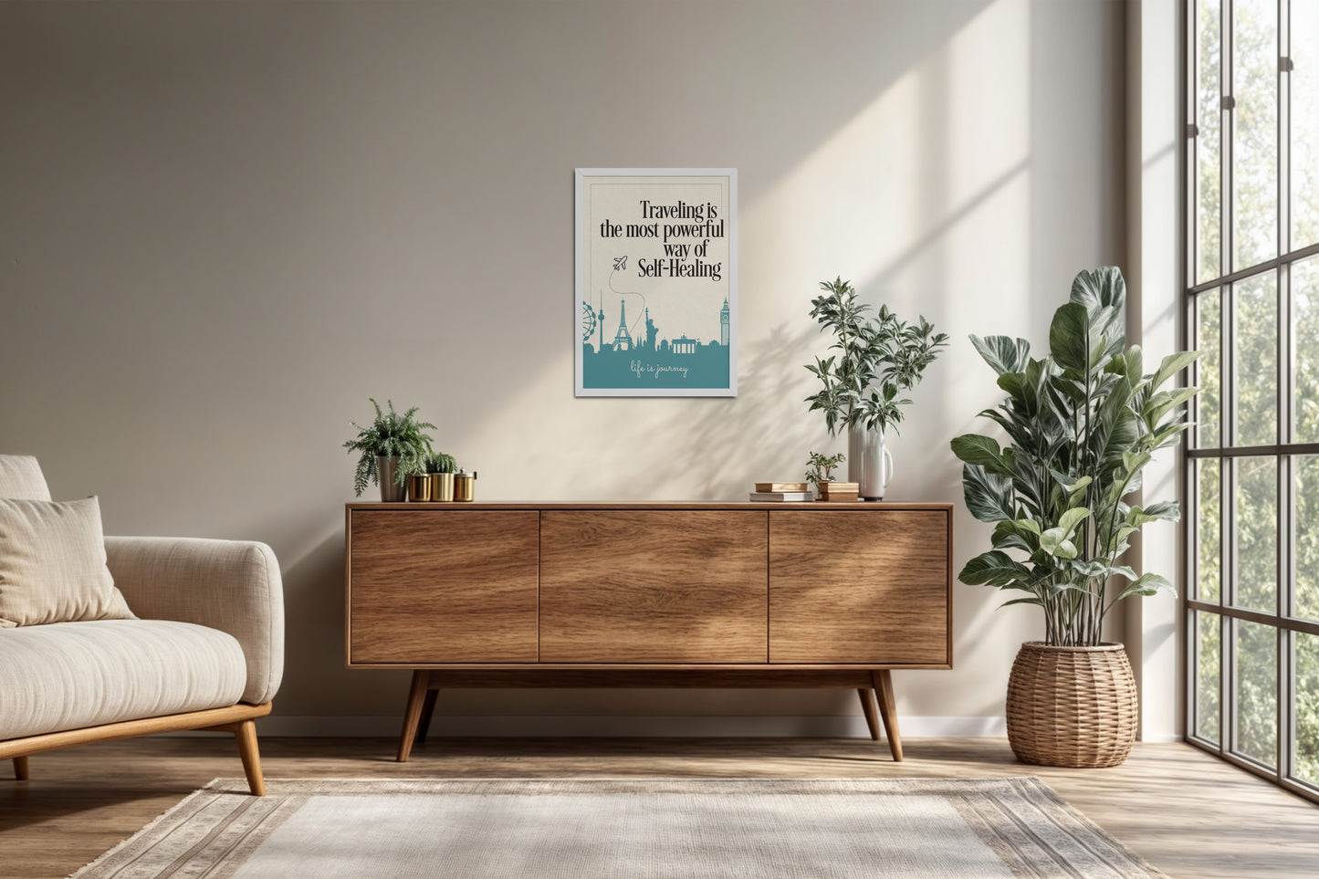 Living Room Cabinet Preview of Self-Heal Through Travel Inspirational Decor in White Color Frame