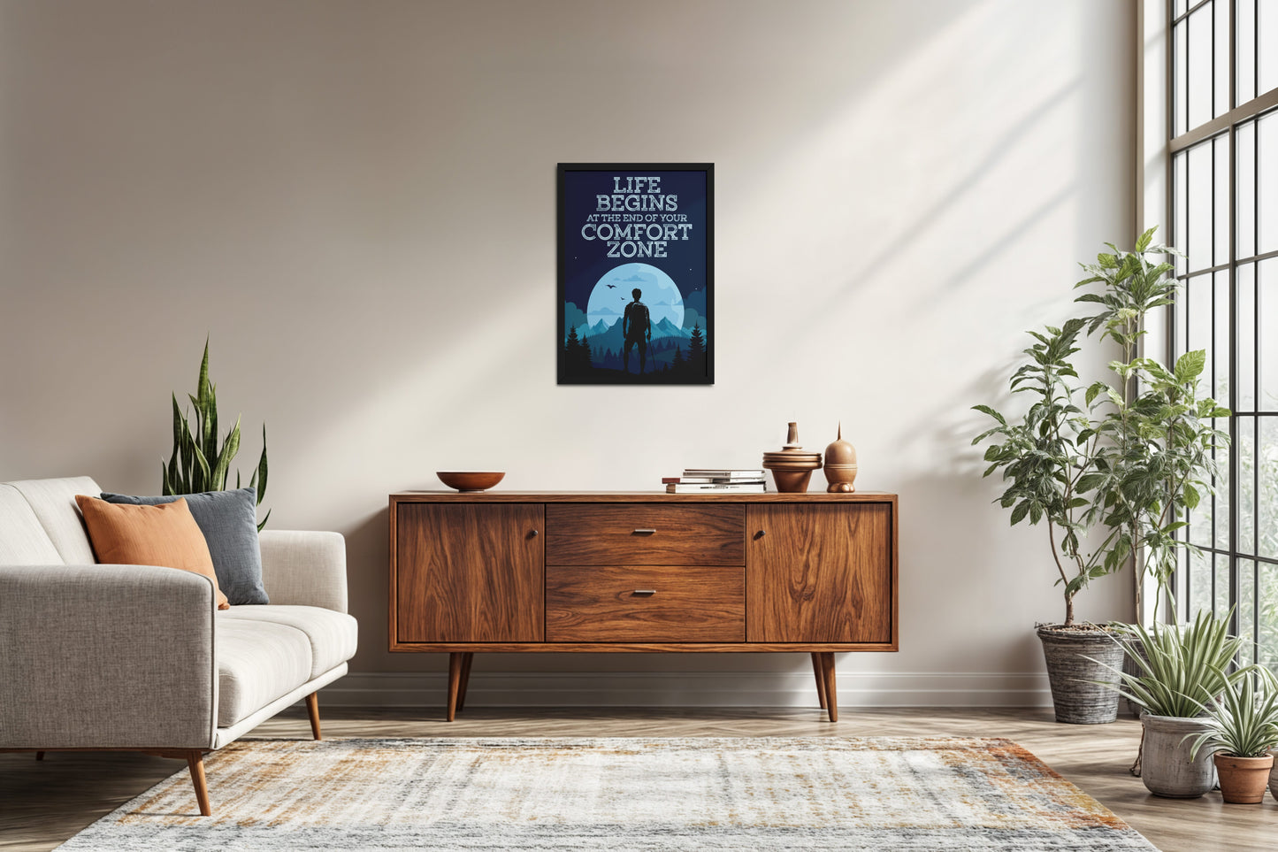 Living Room Sofa Preview of Life begins at the end of comfort zone Motivational Wall Art in Black Color Frame