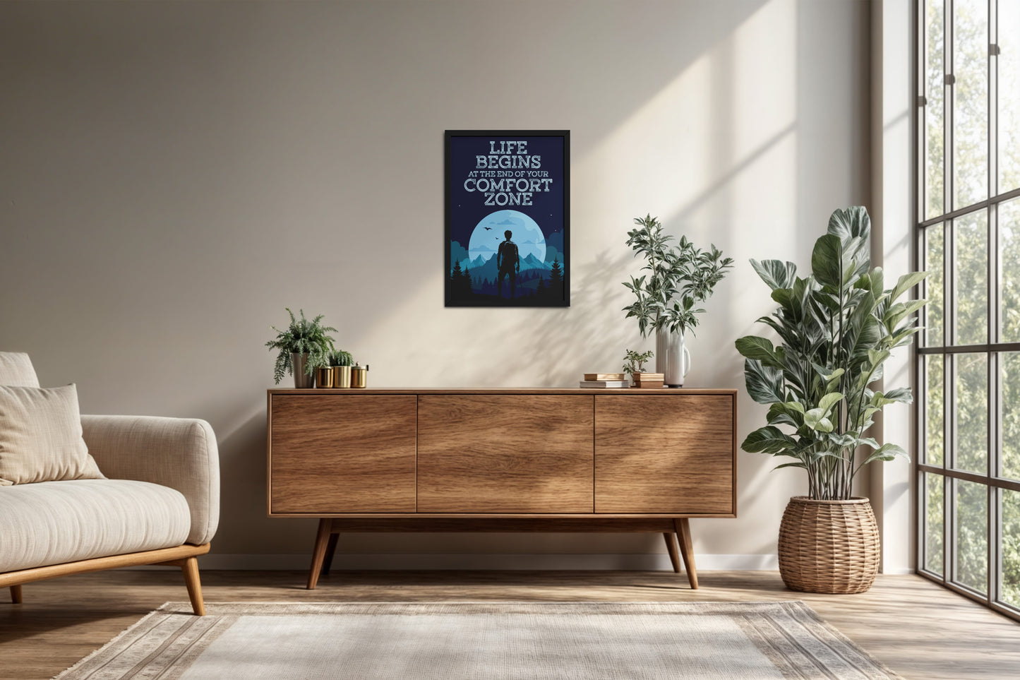 Living Room Cabinet Preview of Life begins at the end of comfort zone Motivational Wall Art in Black Color Frame